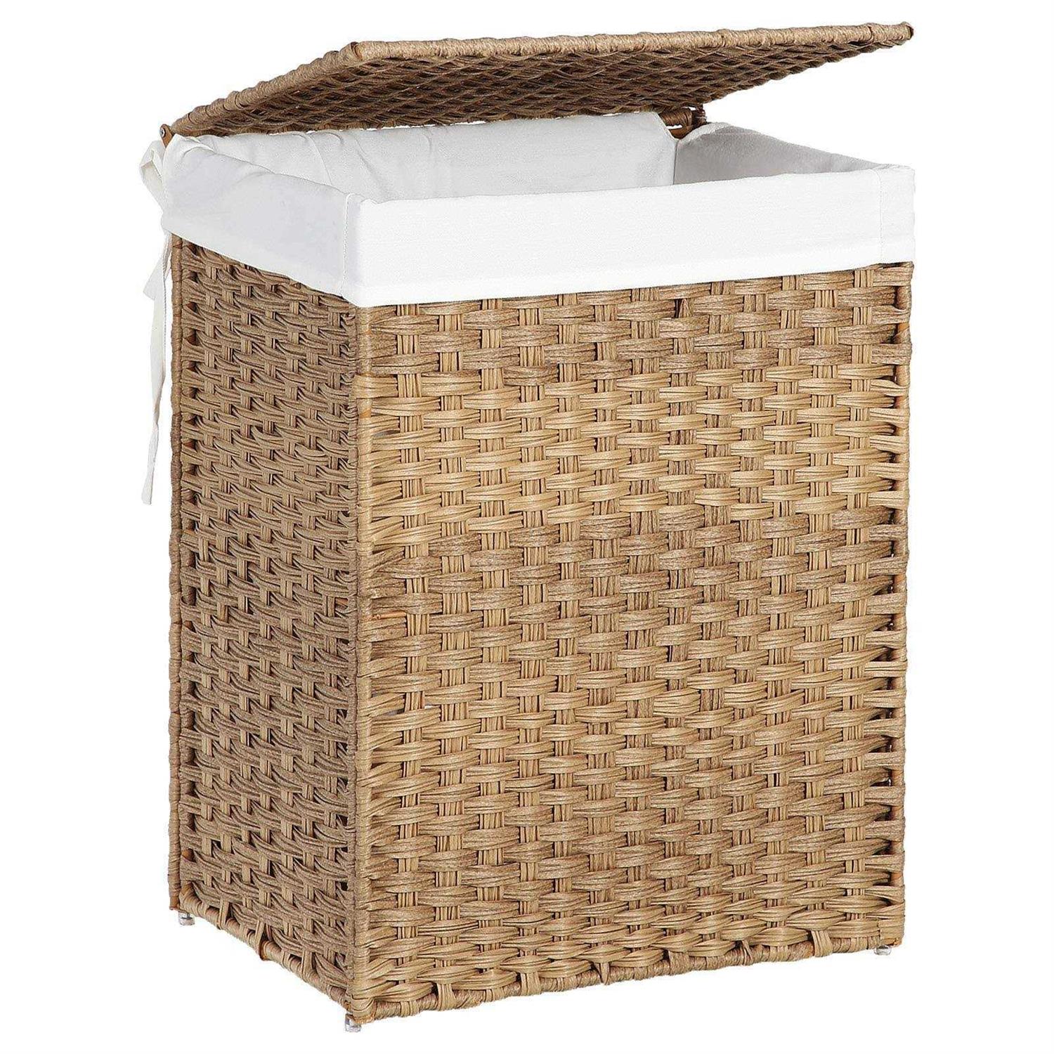 SONGMICS Handwoven Laundry Hamper, 23.8 Gal Synthetic Rattan Clothes Laundry Basket with Lid and Handles