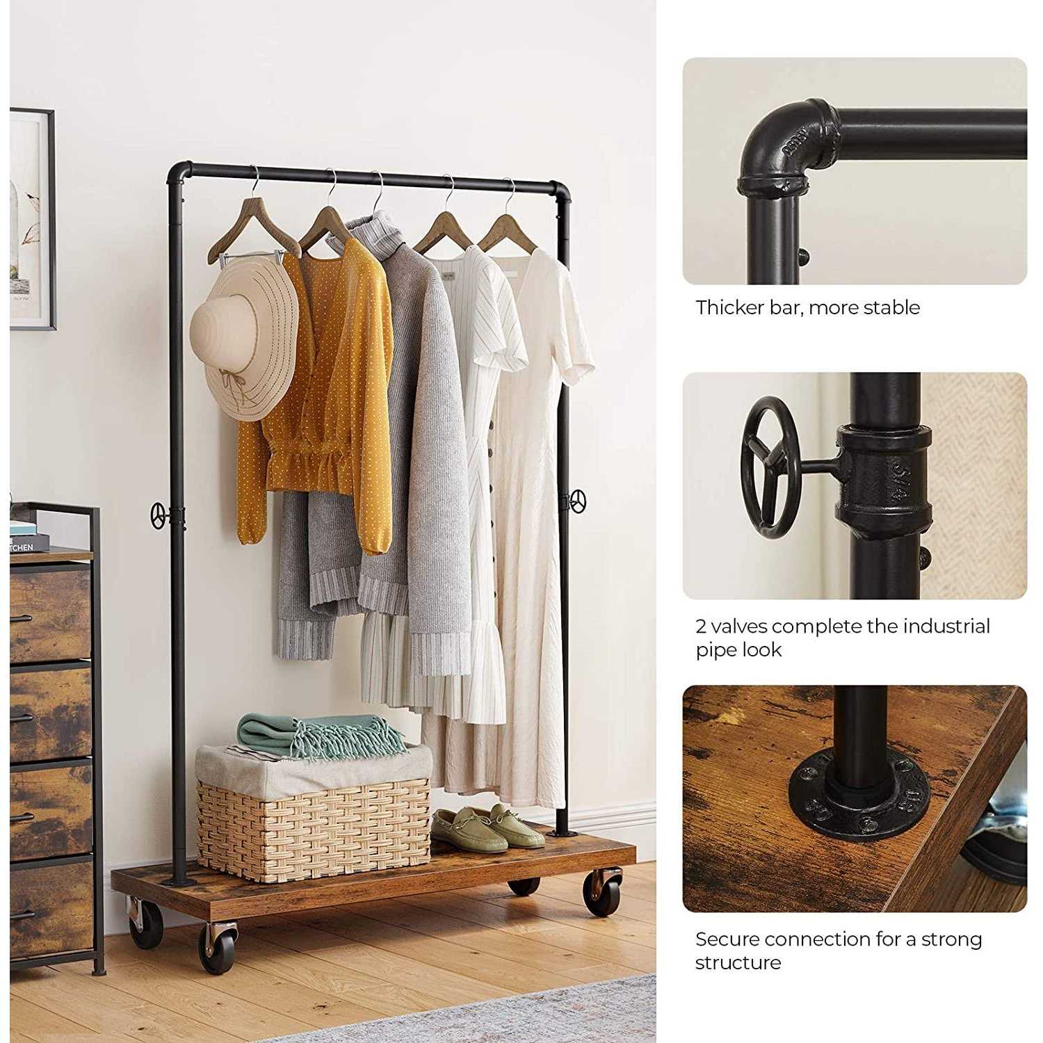VASAGLE Clothes Rack Heavy Duty Clothing Rack Industrial Pipe Style Rolling Garment Rack with Shelf - Image 5