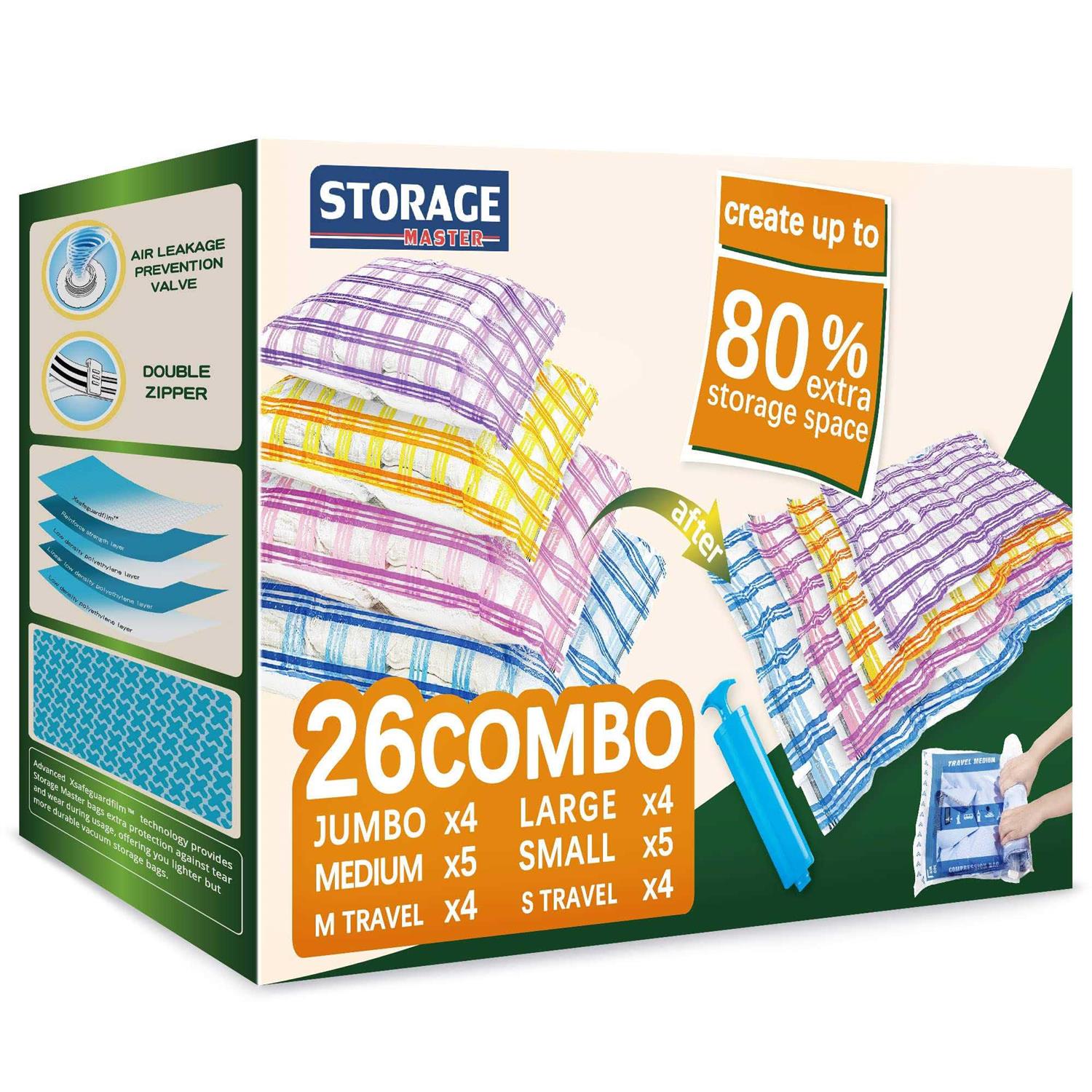 Storage Master 26 Space Saver Vacuum Storage Bags for Clothes, Airtight Vacuum Sealed Space Saver Bags for Blankets and Comforters