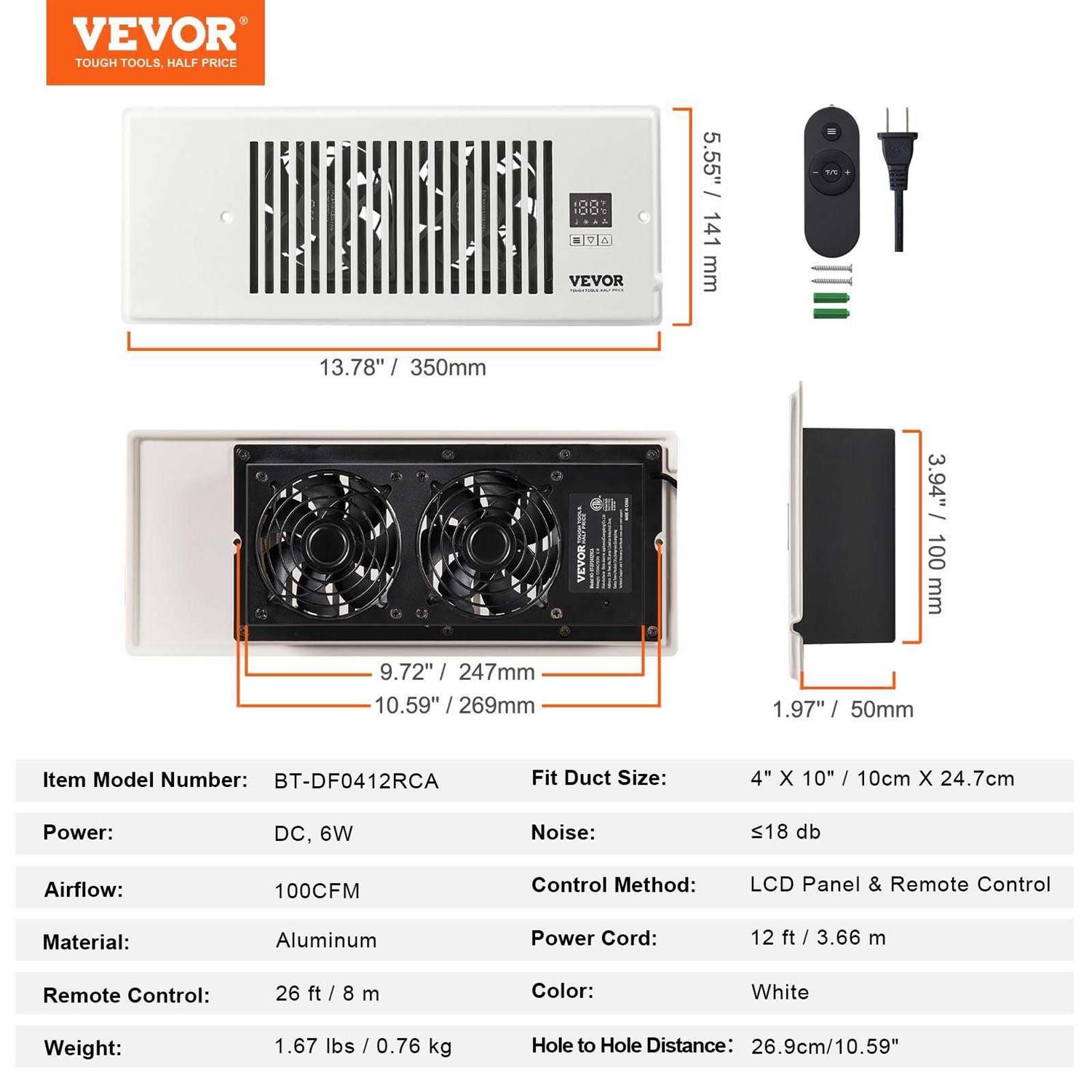 VEVOR Register Booster Fan, Quiet Vent Booster Fan Fits 4” x 12” Register Holes, with Remote Control and Thermostat Control - Image 3