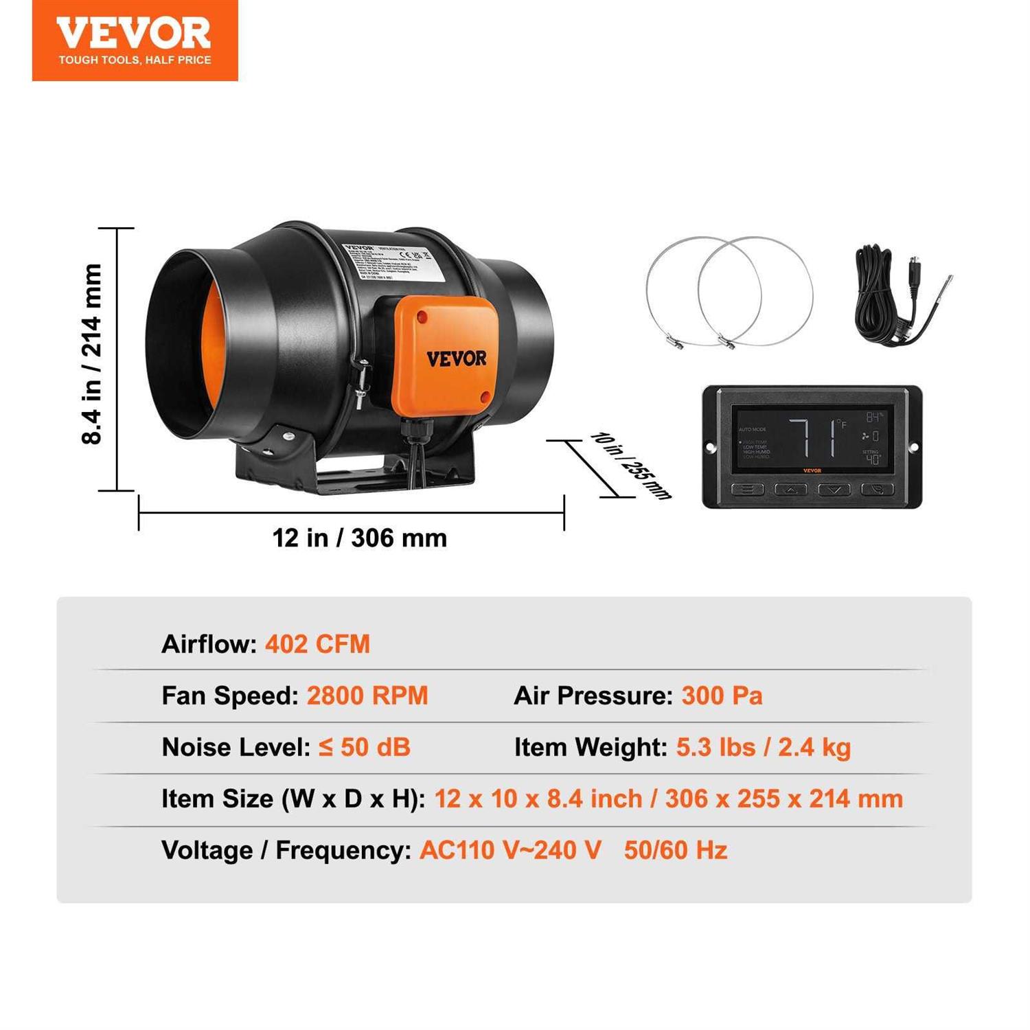 VEVOR Inline Duct Fan 6-Inch 402 CFM with Temperature Humidity Controller - Image 2