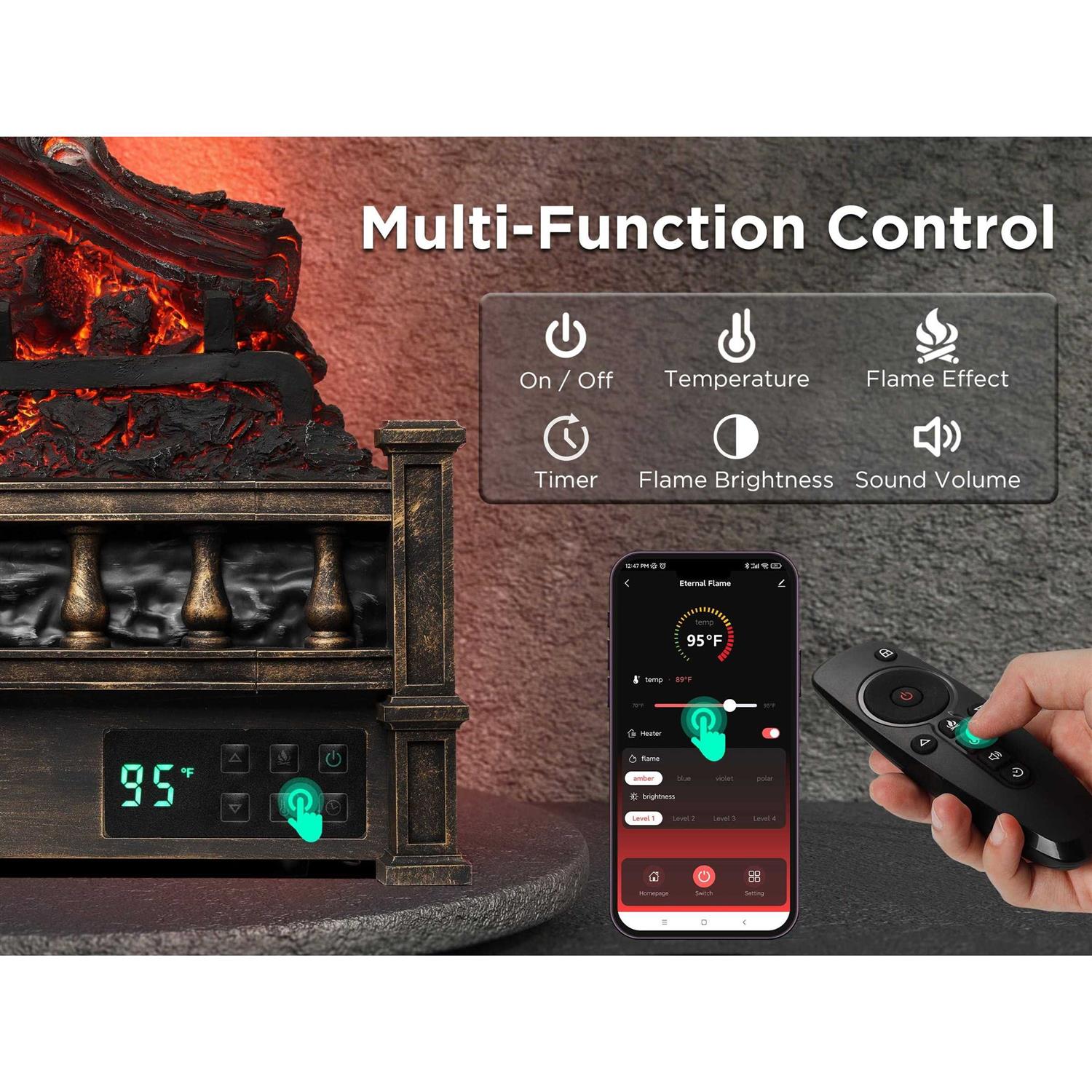 TURBRO Eternal Flame 1500-Watt 26 Infrared Quartz Electric Fireplace Log Heater - Image 5