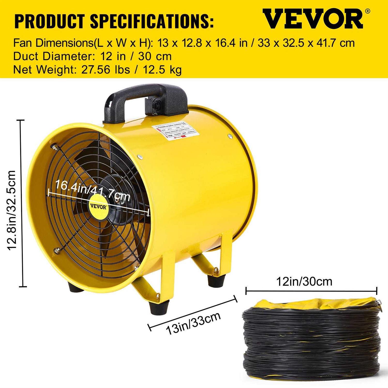 VEVOR Utility Blower Fan 12 Inches 550W 1471 & 2295 Cfm High Velocity Ventilator w/ 16 ft/5 m Duct Hose Portable Ventilation Fan Fume Extractor GYGFJST12CSSCD5M1V1 - Image 4
