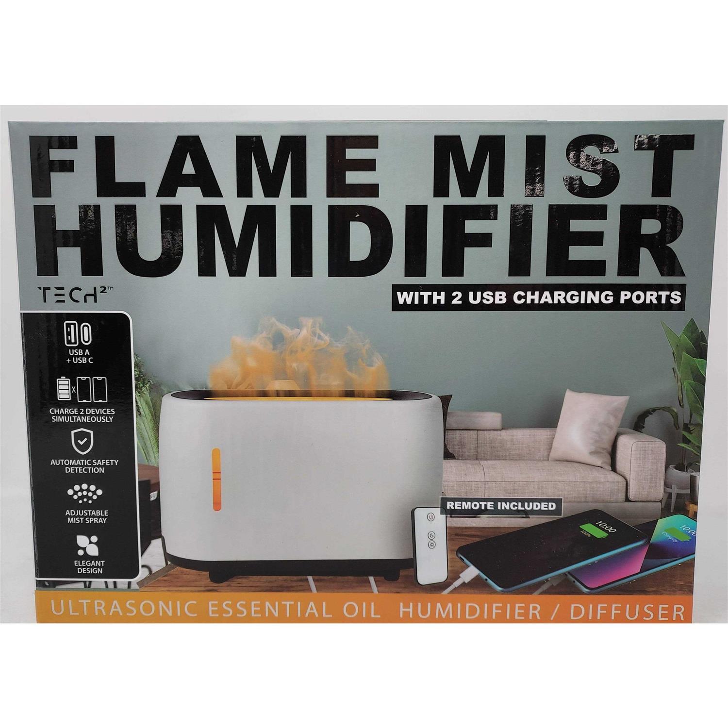 Tech Squared Flame Mist Humidifier & Ultrasonic Diffuser w/ 2 USB Charging Ports