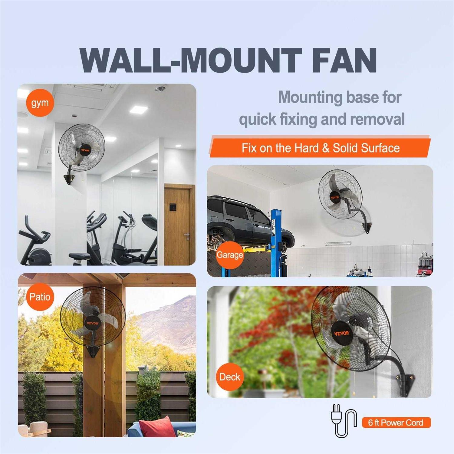 VEVOR Wall Mount Fan 20 in. 3-speed High Velocity Max. 4650 CFM Oscillating Industrial Wall Fan for Warehouse - Image 4