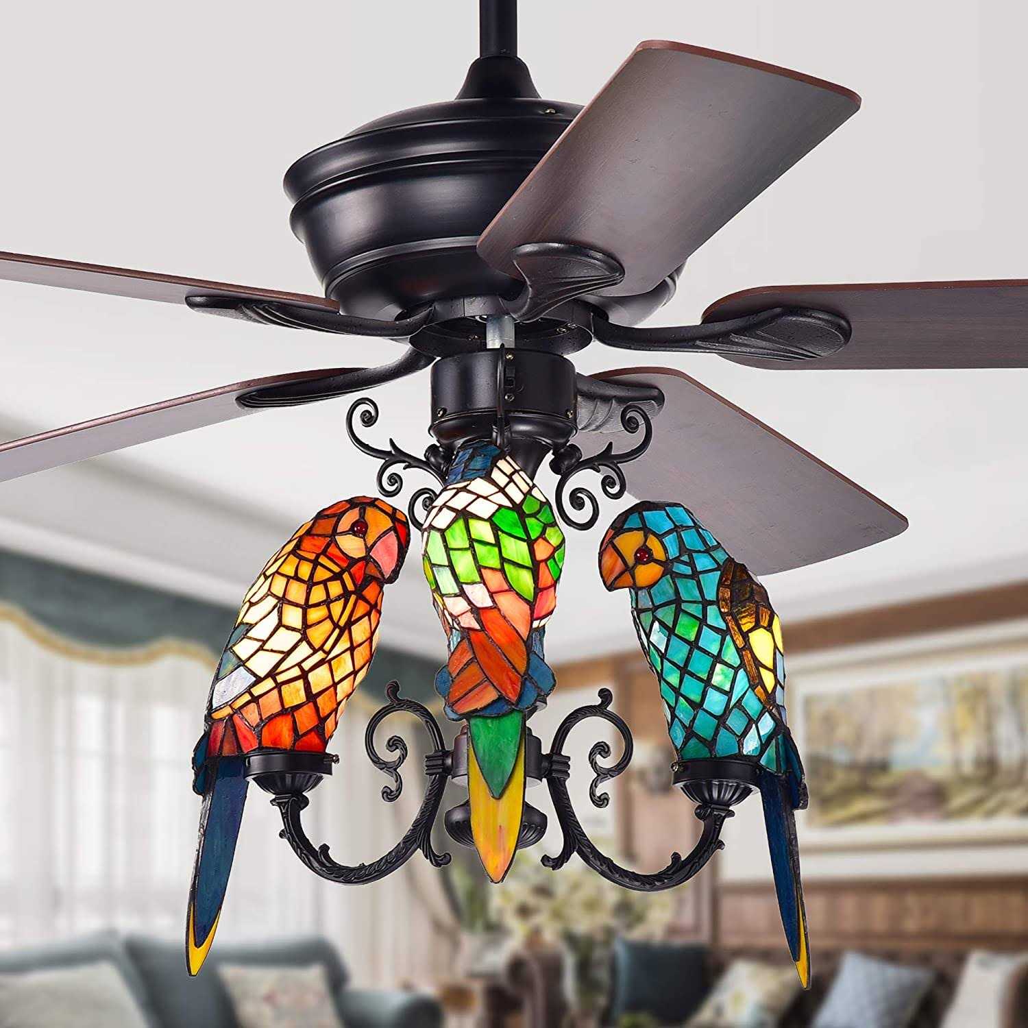 Warehouse of Tiffany Korubo 3-light 52-inch Lighted Ceiling Fan Tiffany Style Parrot Shades