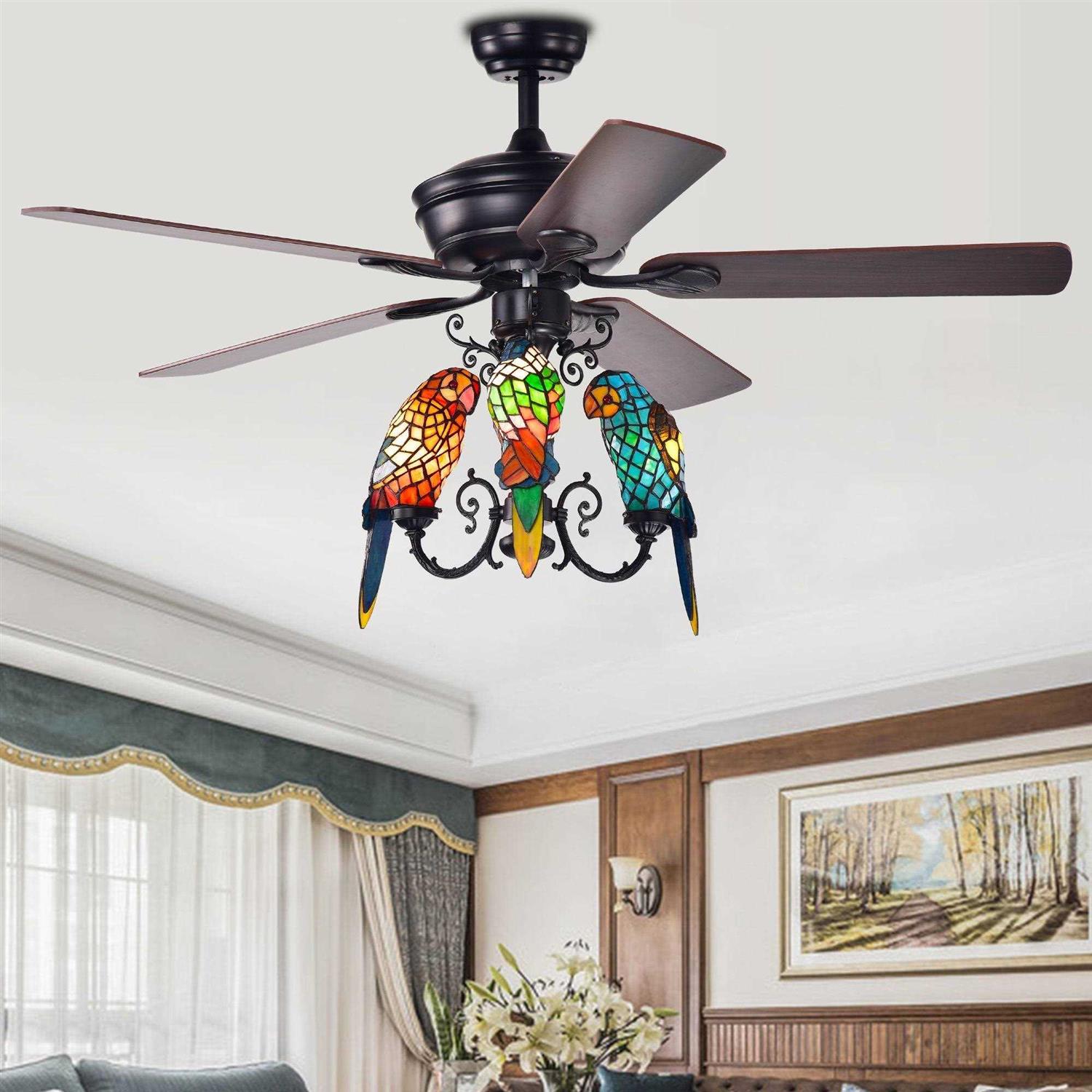 Warehouse of Tiffany Korubo 3-light 52-inch Lighted Ceiling Fan Tiffany Style Parrot Shades - Image 2