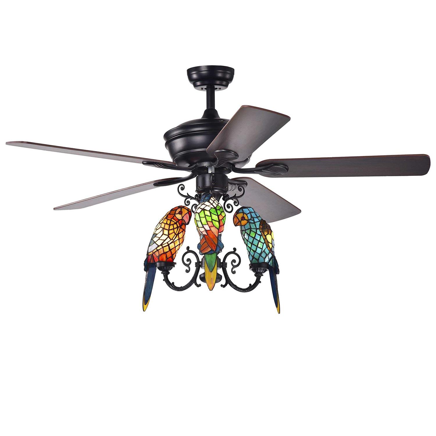 Warehouse of Tiffany Korubo 3-light 52-inch Lighted Ceiling Fan Tiffany Style Parrot Shades - Image 3