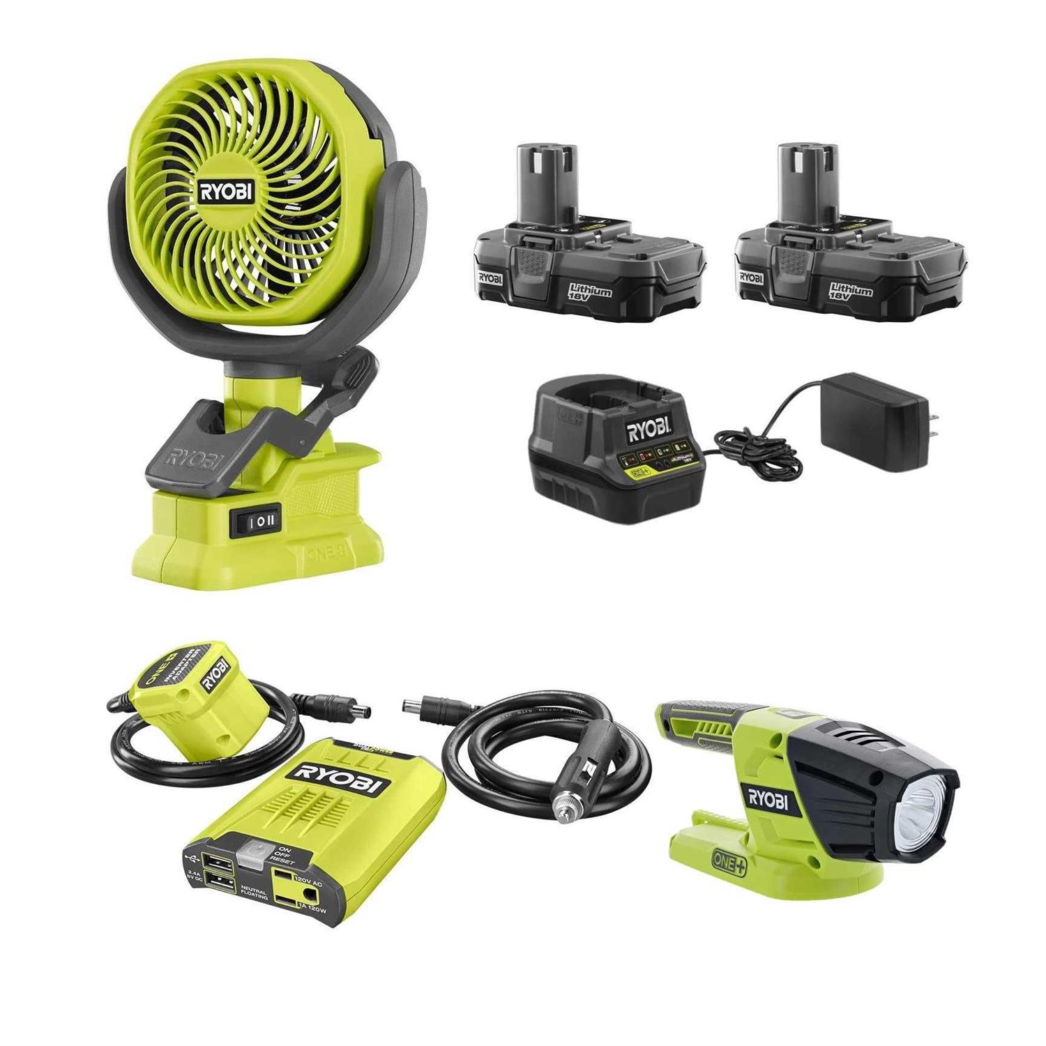 Ryobi One+ 18-Volt Camping Kit with Fan, Light, Inverter, Batteries and Charger