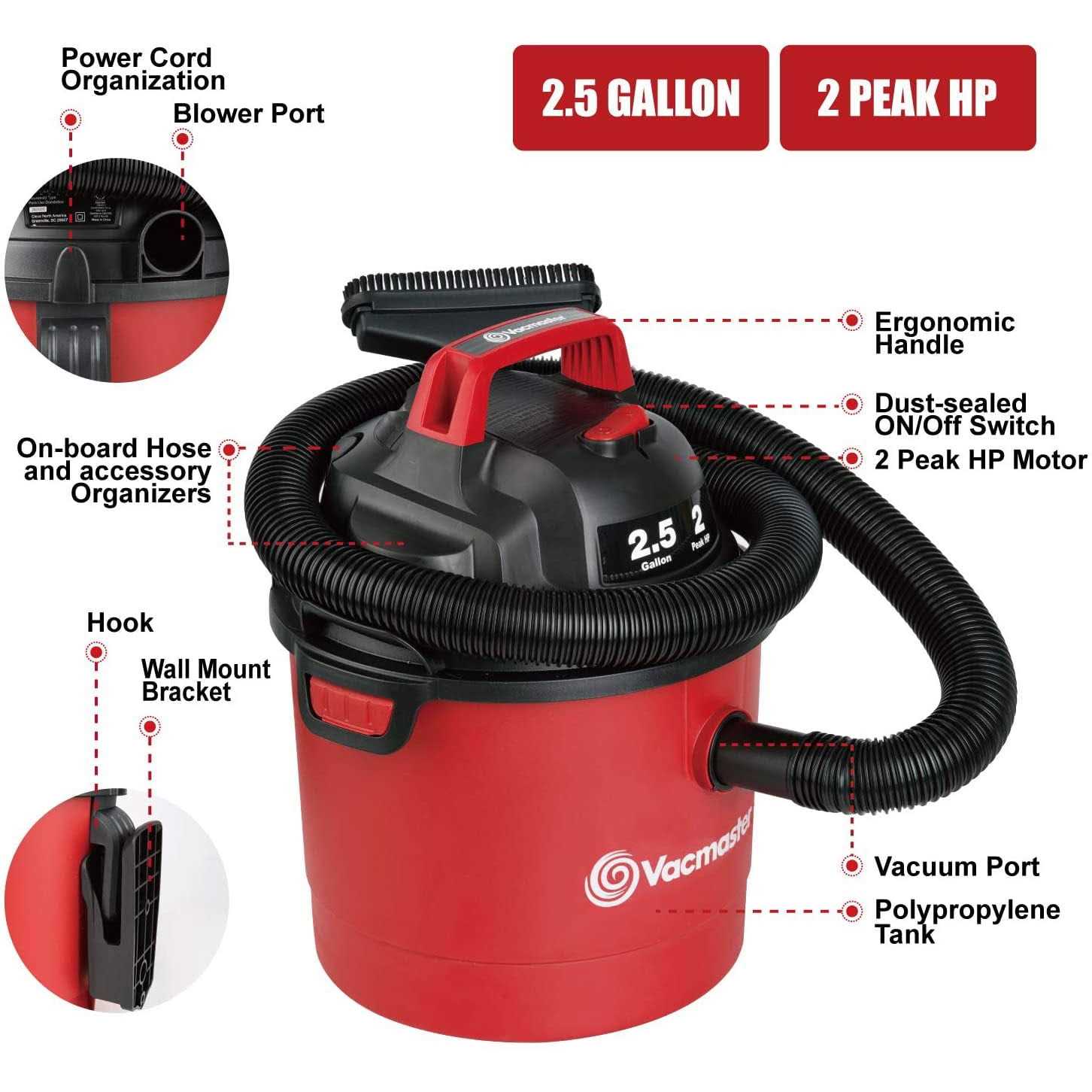 Vacmaster VOM205P 2.5 Gallon 1.75 HP Portable Wet Dry Vacuum - Image 3