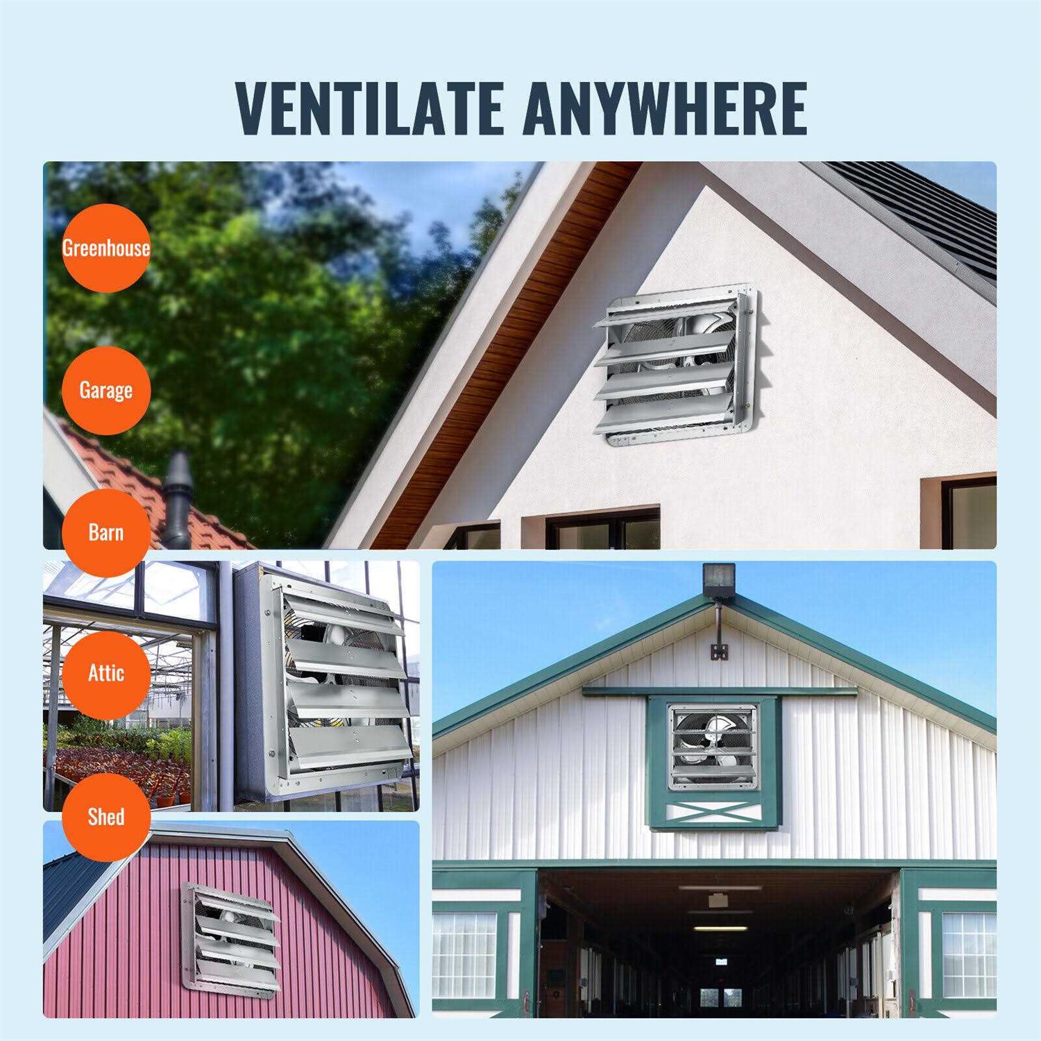 VEVOR 16 in. Shutter Exhaust Fan High-speed 2000 CFM Aluminum Wall Mount Attic Fan Ventilation and Cooling for Greenhouses - Image 2