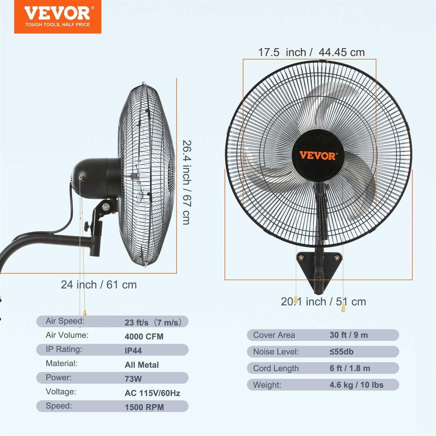 VEVOR Wall Mount Fan 18 in. 3-speed High Velocity Max. 4000 CFM Oscillating Industrial Wall Fan for Warehouse - Image 4