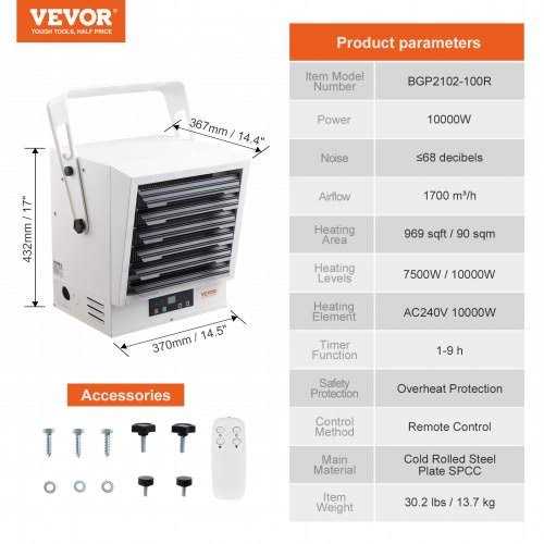 VEVOR Electric Garage Heater 10000-Watt Digital Fan-Forced Wall/Ceiling Mount Shop Heater - Image 4