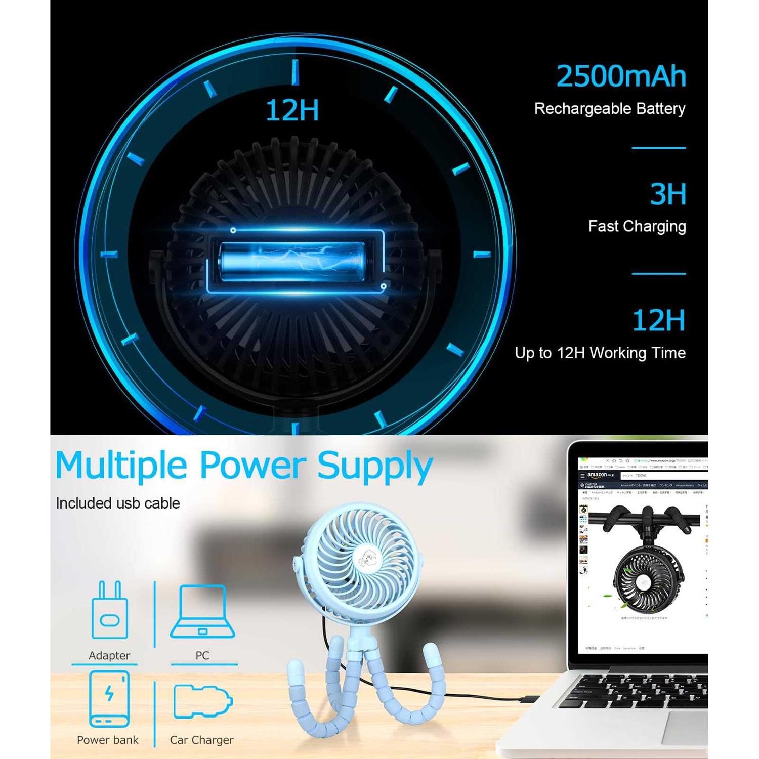 Tdone Stroller Fan Mini Portable Fan USB Personal Fan Long Working Handheld Fan 12pcs LED Camping Fan Operated Fan Clip - Image 3