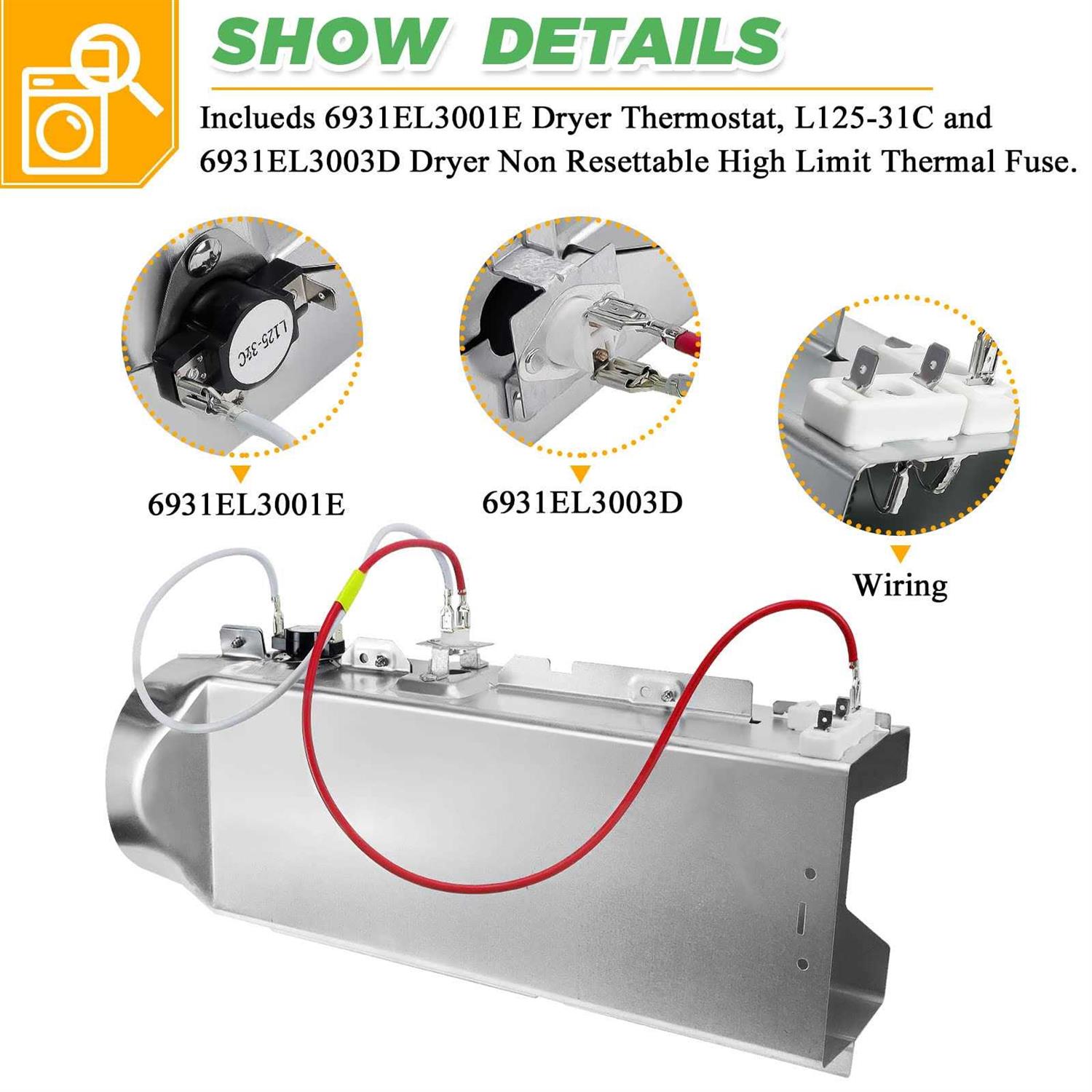 Techecook 5301EL1001A Dryer Heating Element Assembly Compatible with Ken-more L-G Dryer - Image 2
