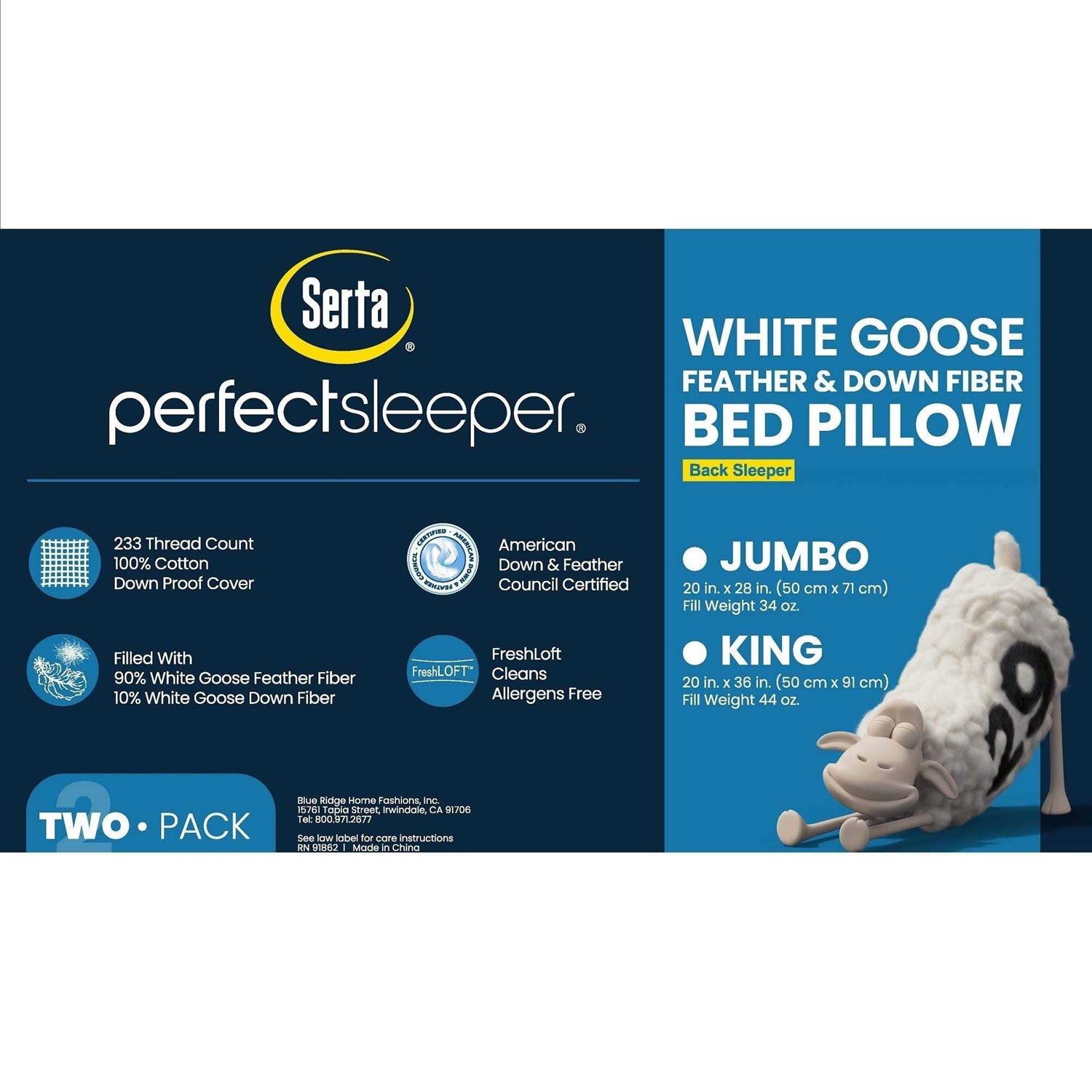 Serta White Goose Feather & Down Fiber Side Sleeper 2-Pack Pillow - Image 4