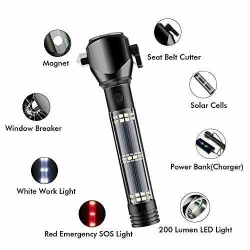 Serjur 8 in 1 Multi Function Flash Light,USB Rechargeable Solar Powered Flashlight with Glass Breaker,Seatbelt Cutter,Alarm and Phone Charger - Image 3