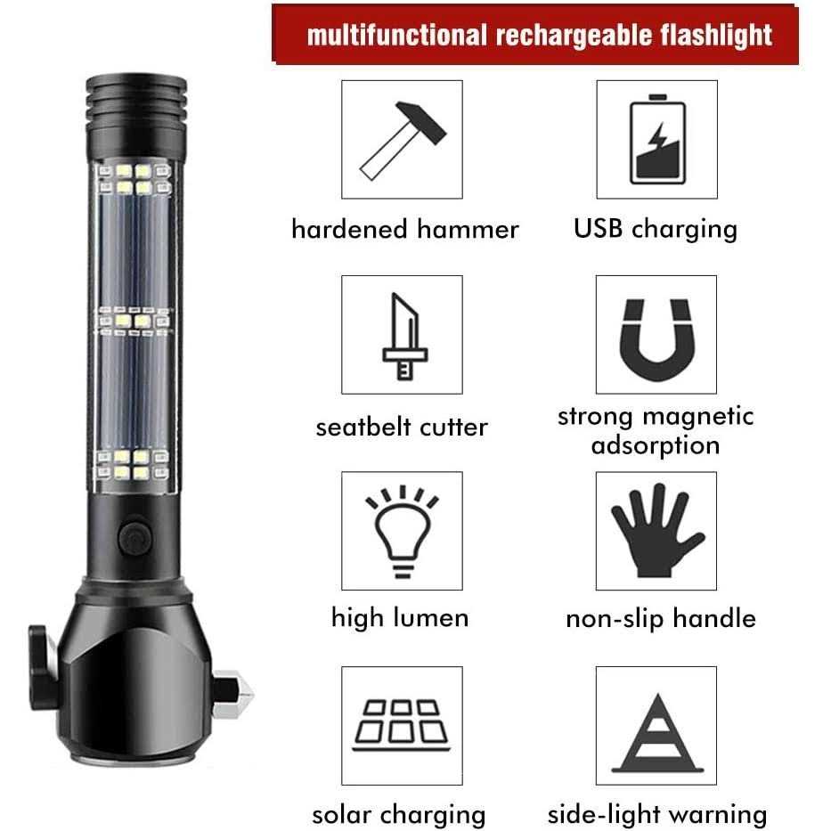 Serjur 8 in 1 Multi Function Flash Light,USB Rechargeable Solar Powered Flashlight with Glass Breaker,Seatbelt Cutter,Alarm and Phone Charger - Image 4