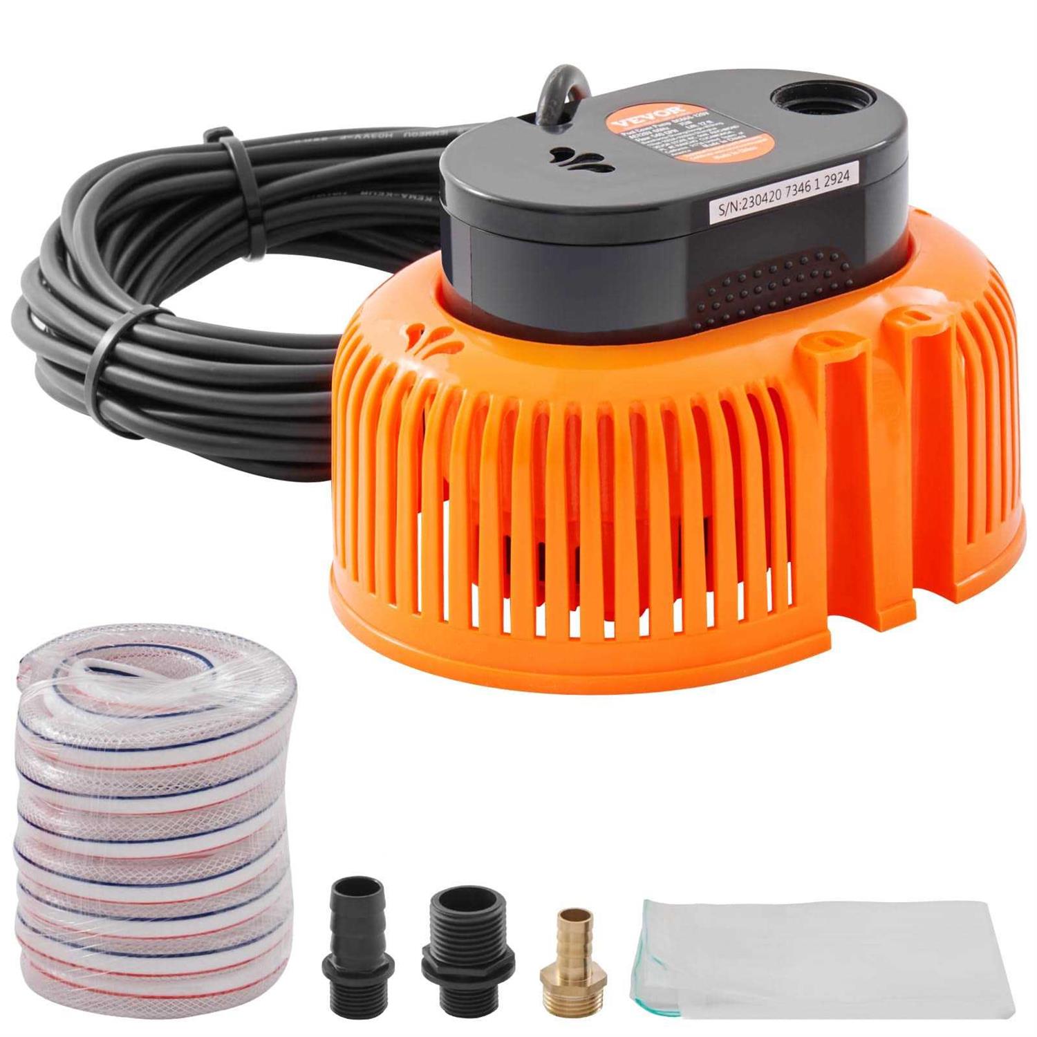 VEVOR Automatic Pool Cover Pump 1/10 HP 75W 540 Gph Submersible with 3 Adapters & 16 ft Hose