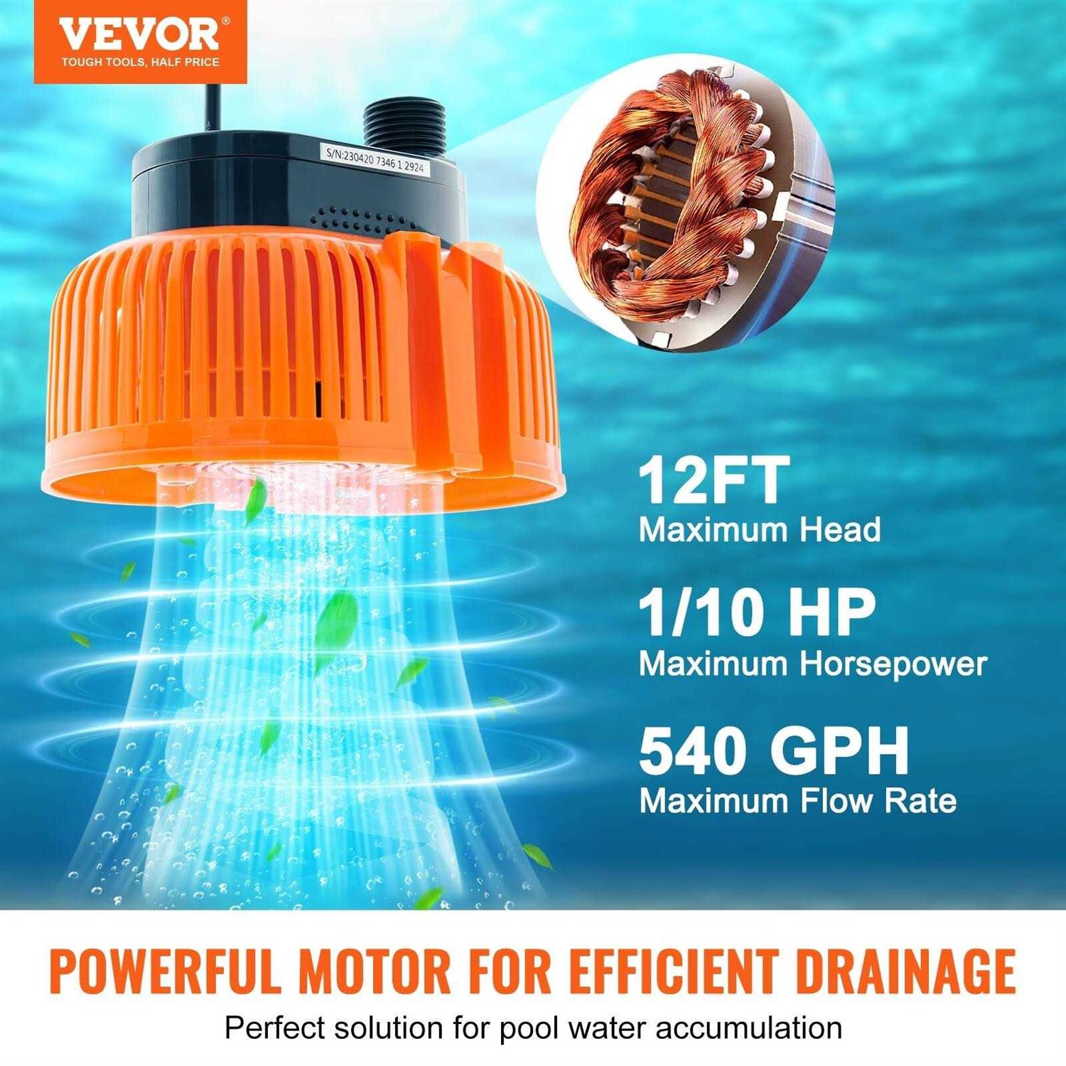 VEVOR Automatic Pool Cover Pump 1/10 HP 75W 540 Gph Submersible with 3 Adapters & 16 ft Hose - Image 2