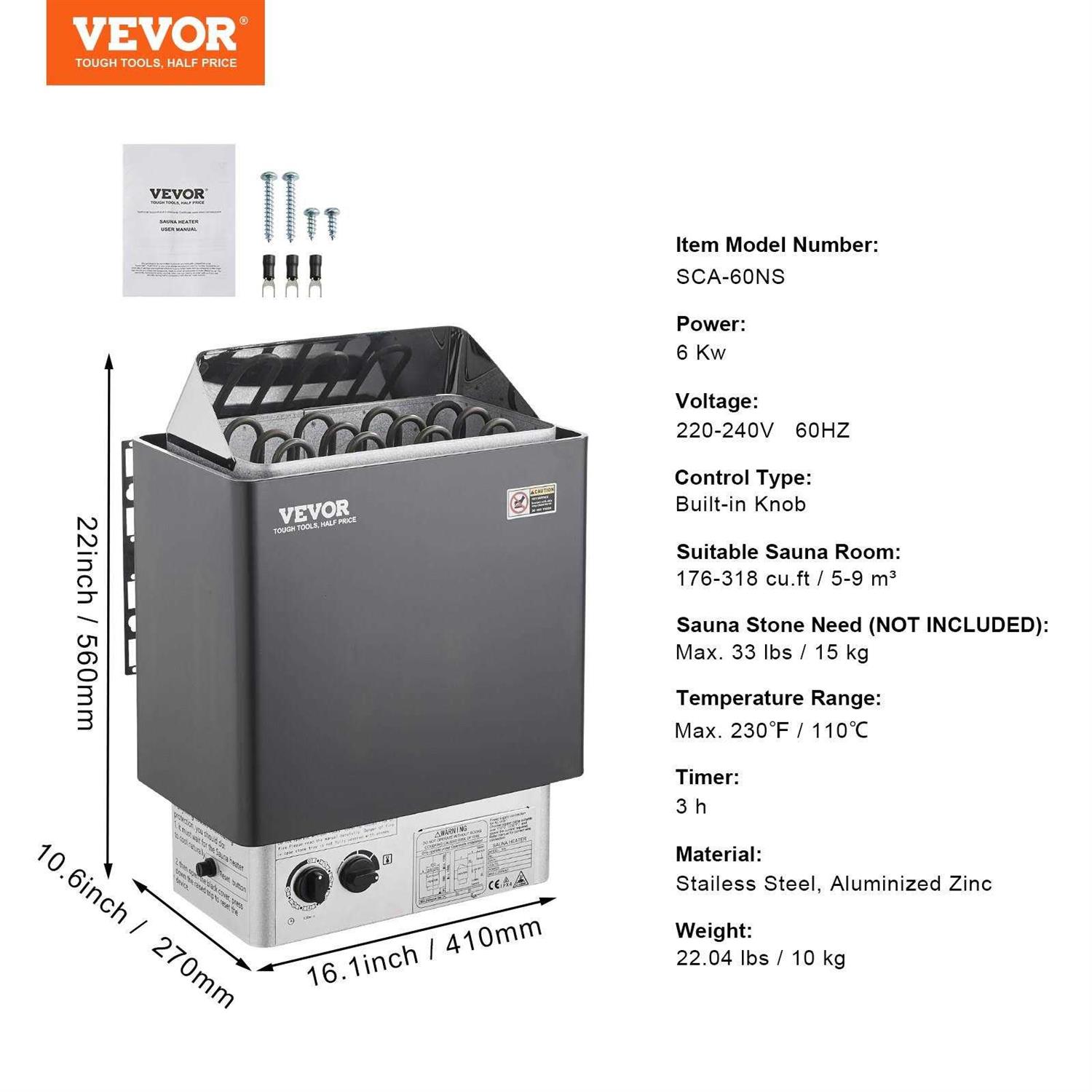 VEVOR Sauna Heater 6KW 220V Electric Sauna Stove Steam Bath Sauna Heater with Built-In Controls 3h Timer and Adjustable Temp for Max 176-318 Cubic - Image 2