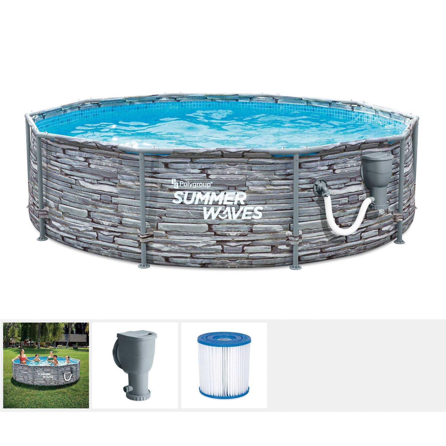 Summer Waves 12 Foot Stone Print Metal Frame Above Ground Pool Set - Image 3