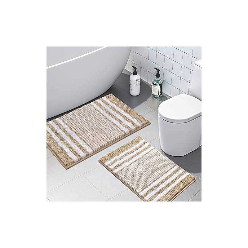 Tindbea Bathroom Rugs Set 2 Piece, Extra Soft and Absorbent Fluffy Striped Chenille Bath Mat Rug Set
