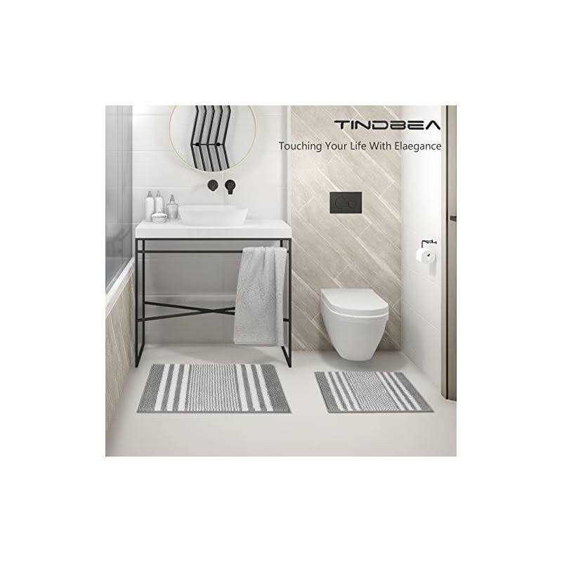 Tindbea Bathroom Rugs Set 2 Piece, Extra Soft and Absorbent Fluffy Striped Chenille Bath Mat Rug Set - Image 3
