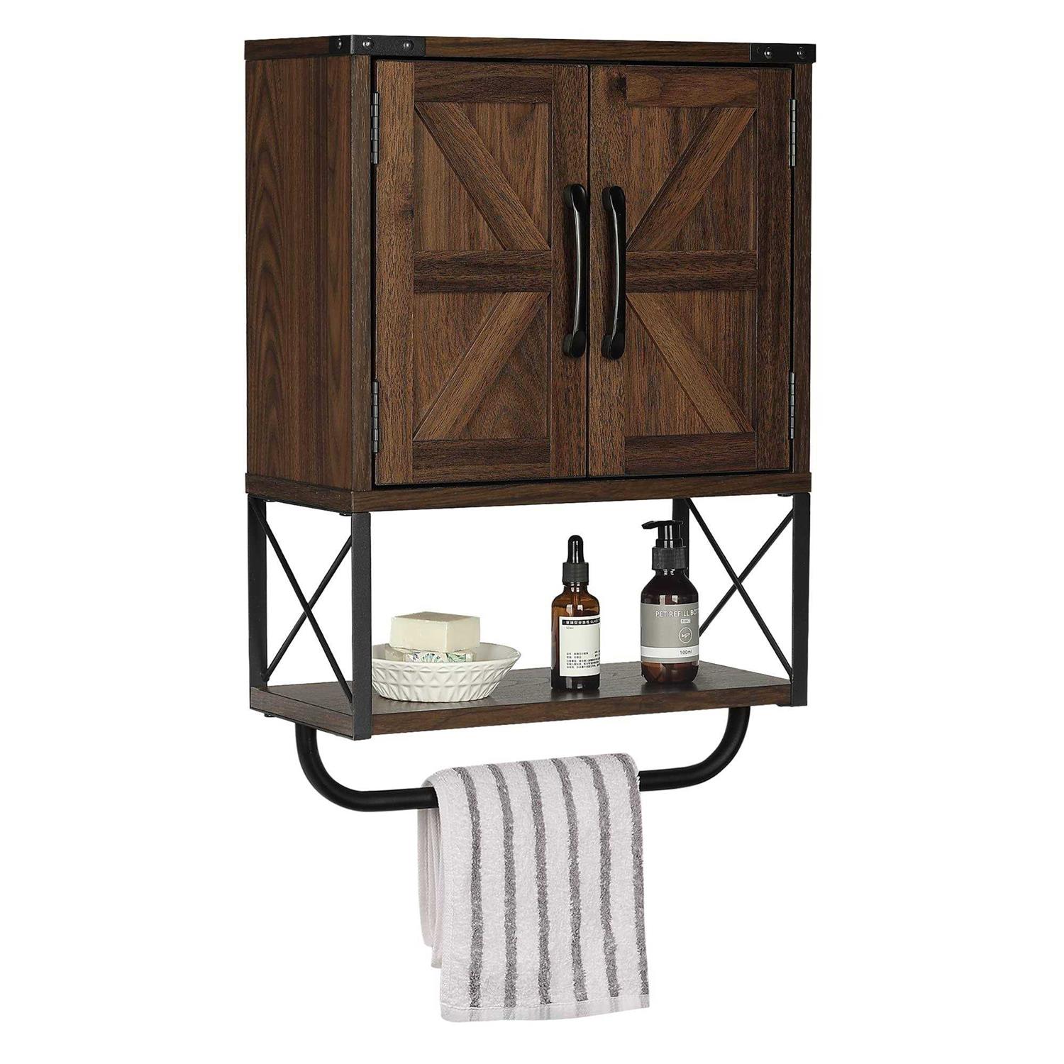 RUSTOWN Farmhouse Rustic Medicine Cabinet with Two Barn Door,Wood Wall Mounted Storage Cabinet with Adjustable Shelf and Towel Bar