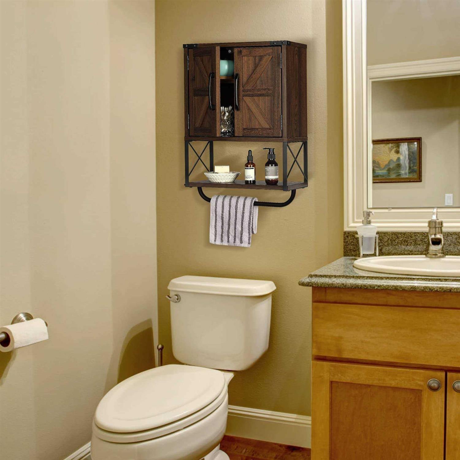 RUSTOWN Farmhouse Rustic Medicine Cabinet with Two Barn Door,Wood Wall Mounted Storage Cabinet with Adjustable Shelf and Towel Bar - Image 3