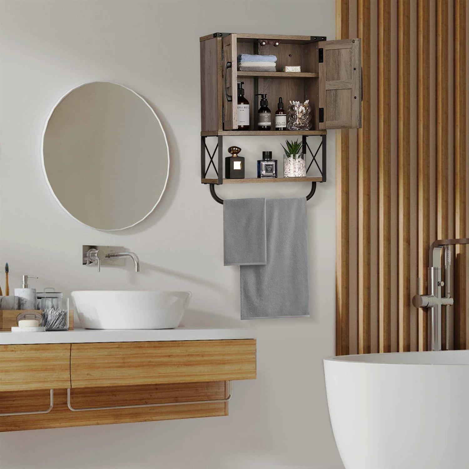 RUSTOWN Farmhouse Rustic Medicine Cabinet with Two Barn Door,Wood Wall Mounted Storage Cabinet with Adjustable Shelf and Towel Bar - Image 3