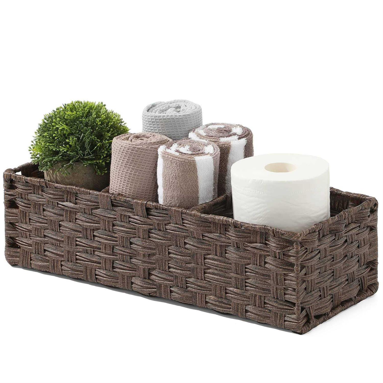 Toilet Tank Topper Paper Basket Multiuse Hand Woven Plastic Wicker Basket with Divider for Organizing
