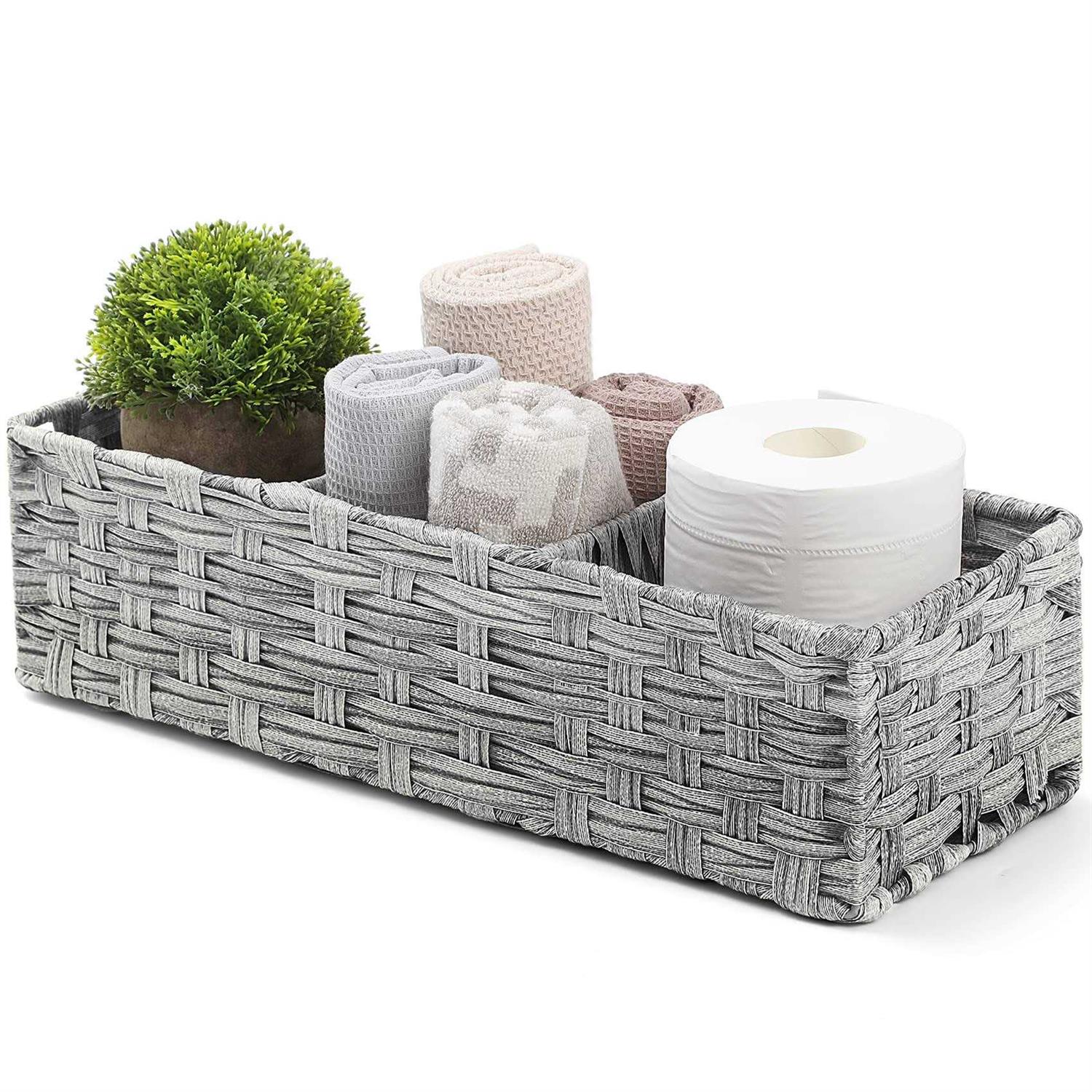 Toilet Tank Topper Paper Basket Multiuse Hand Woven Plastic Wicker Basket with Divider for Organizing