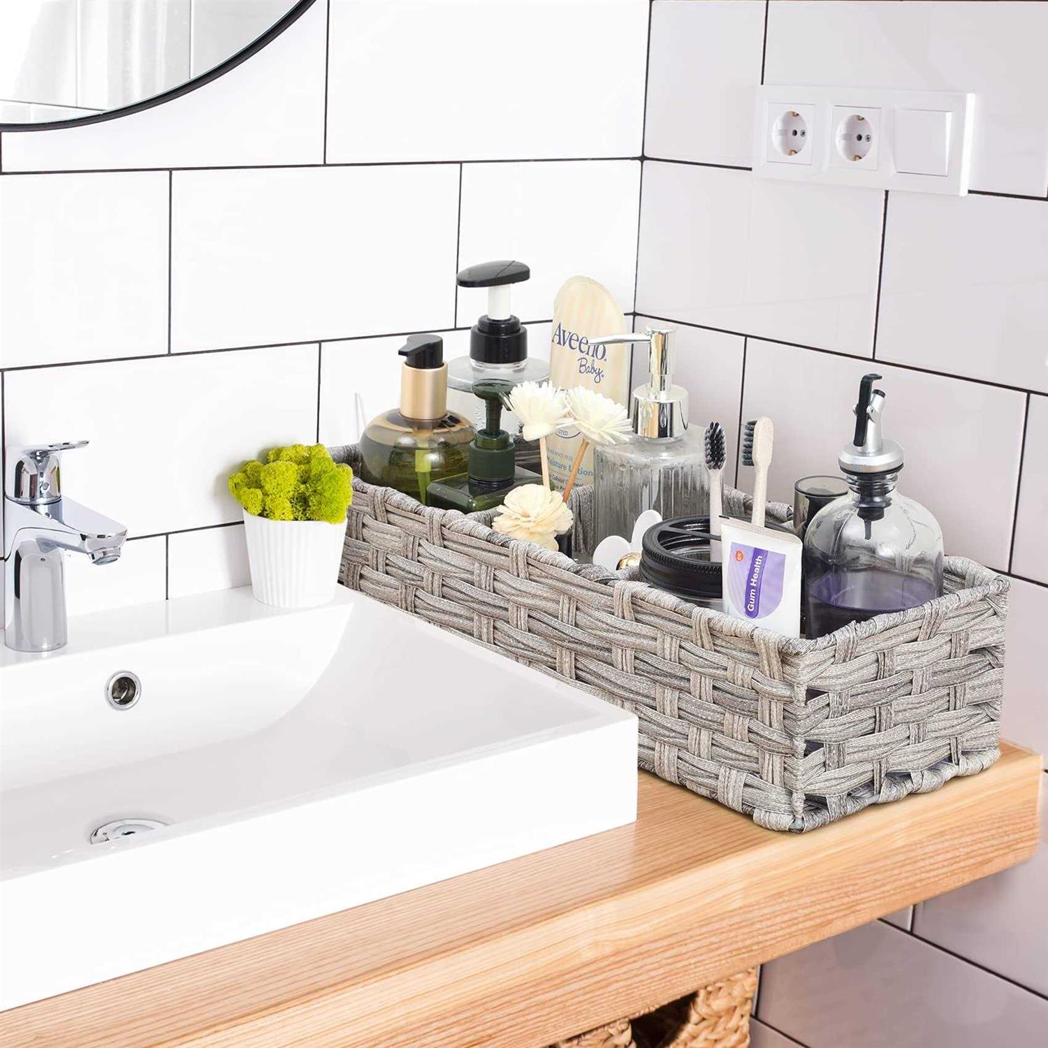 Toilet Tank Topper Paper Basket Multiuse Hand Woven Plastic Wicker Basket with Divider for Organizing - Image 4