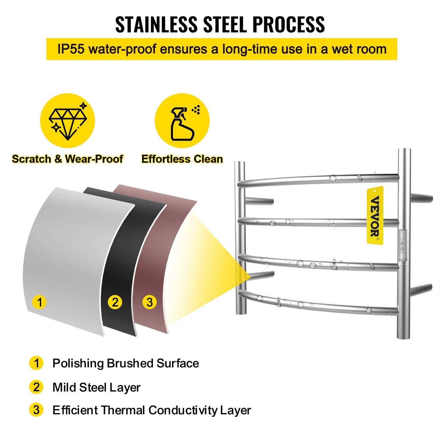 VEVOR Heated Towel Rack Bars Curved Design Polishing Brushed Stainless Steel Electric Towel Warmer with Built-in Timer - Image 3