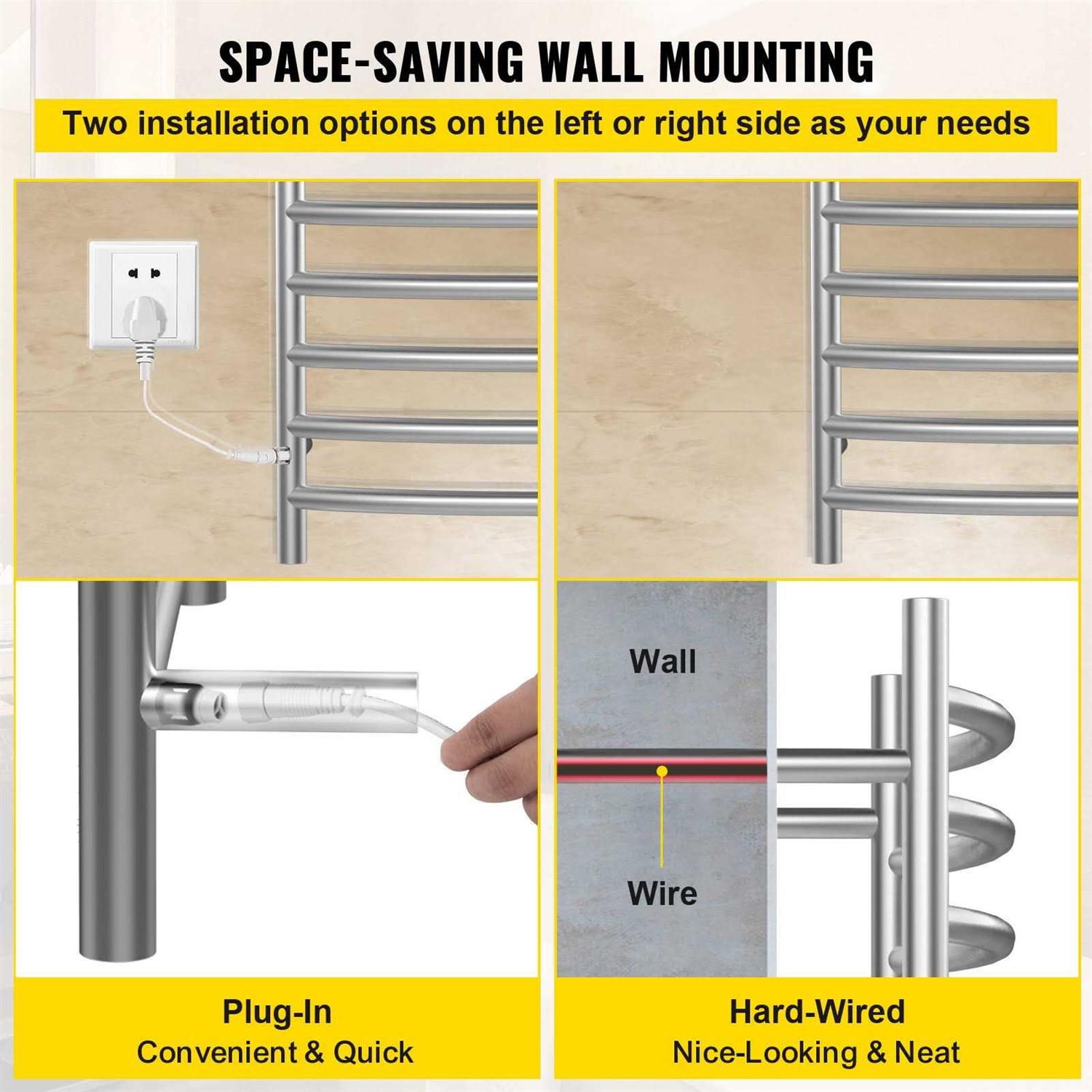 VEVOR Heated Towel Rack Bars Curved Design Polishing Brushed Stainless Steel Electric Towel Warmer with Built-in Timer - Image 4