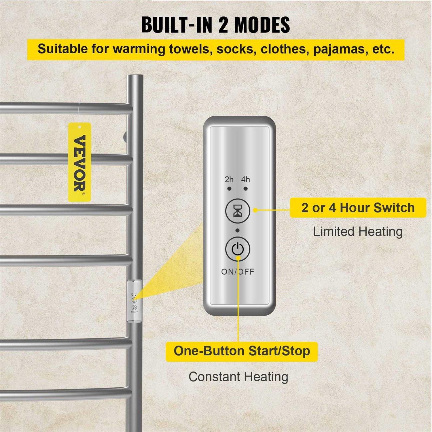 VEVOR Heated Towel Rack Bars Curved Design Polishing Brushed Stainless Steel Electric Towel Warmer with Built-in Timer - Image 3