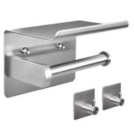 Tindbea Toilet Paper Holder with Phone Shelf + Towel Robe Hooks, Adhesive or Screw Wall Mounted Toilet Paper Roll Storage
