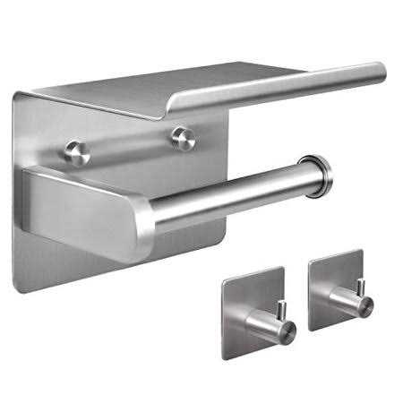 Tindbea Toilet Paper Holder with Phone Shelf + Towel Robe Hooks, Adhesive or Screw Wall Mounted Toilet Paper Roll Storage
