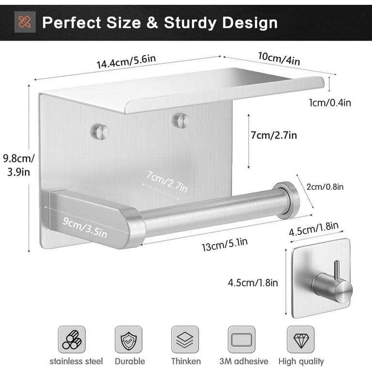 Tindbea Toilet Paper Holder with Phone Shelf + Towel Robe Hooks, Adhesive or Screw Wall Mounted Toilet Paper Roll Storage - Image 2