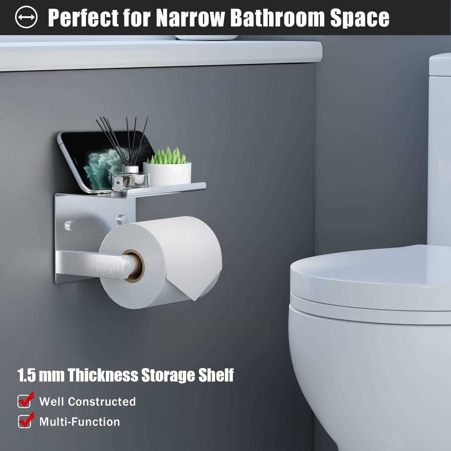 Tindbea Toilet Paper Holder with Phone Shelf + Towel Robe Hooks, Adhesive or Screw Wall Mounted Toilet Paper Roll Storage - Image 5
