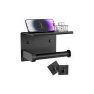 Tindbea Toilet Paper Holder with Phone Shelf + Towel Robe Hooks, Adhesive or Screw Wall Mounted Toilet Paper Roll Storage