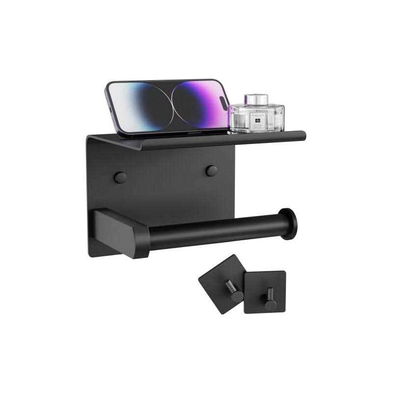 Tindbea Toilet Paper Holder with Phone Shelf + Towel Robe Hooks, Adhesive or Screw Wall Mounted Toilet Paper Roll Storage