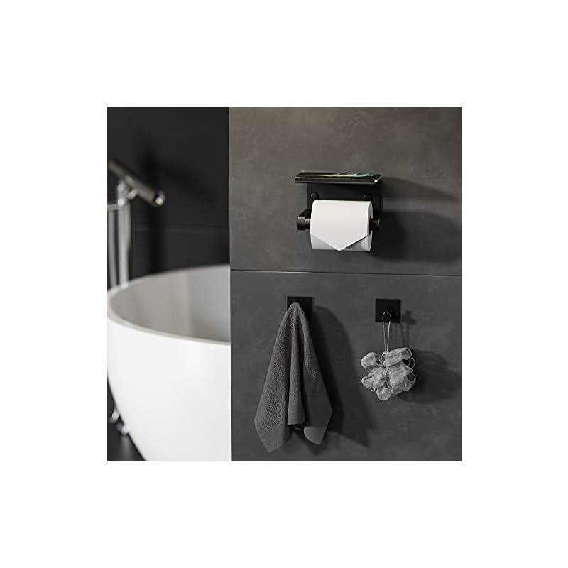 Tindbea Toilet Paper Holder with Phone Shelf + Towel Robe Hooks, Adhesive or Screw Wall Mounted Toilet Paper Roll Storage - Image 2