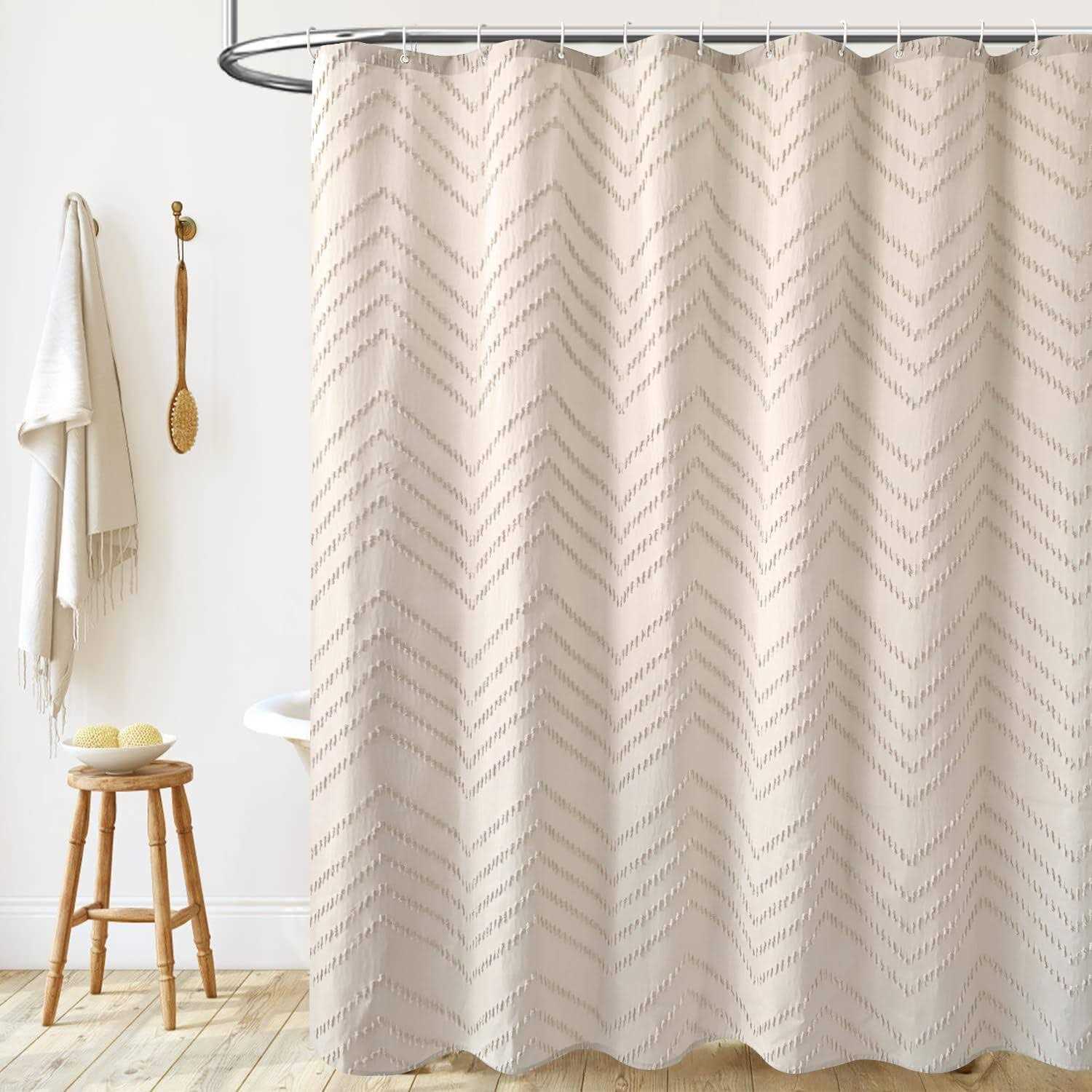 TURKIO Extra Long Shower Curtain Long Beige Shower Curtain Boho Cute Chic Tufted Chevron Textured Striped Modern Minimalist Shower Curtain - Image 3