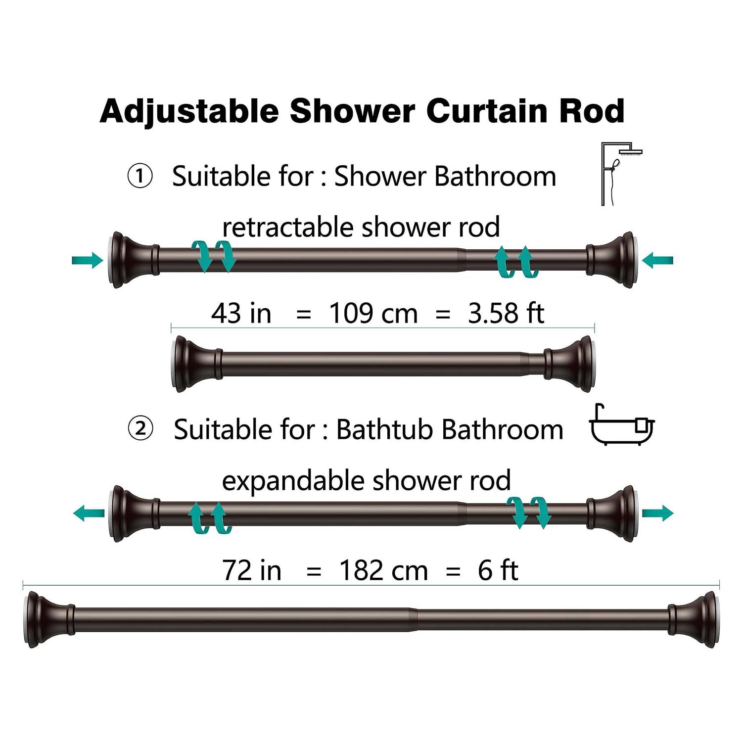 Shower Curtain Rods 43-72 Inches Rust Resistance Adjustable Tension Rod with Durable Spring - Image 2