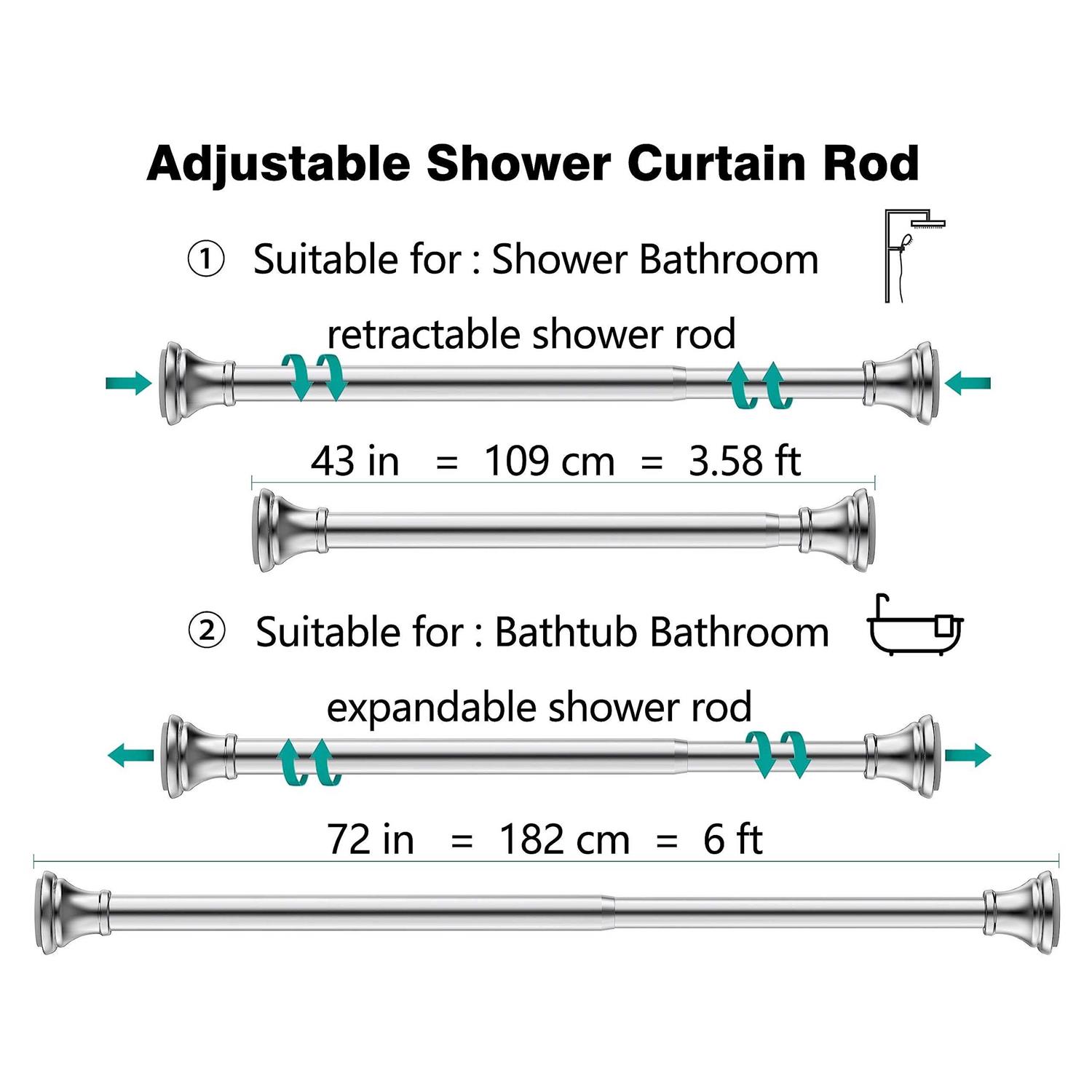 Shower Curtain Rods 43-72 Inches Rust Resistance Adjustable Tension Rod with Durable Spring - Image 3