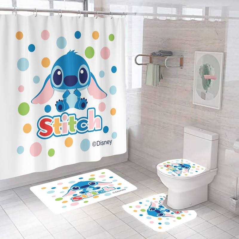 Upgrade Your Bathroom with a 4 Piece Stitch Shower Curtain Set Including Non-Slip Rug, Toilet Lid Cover, Bath Mat, and 12 Hooks