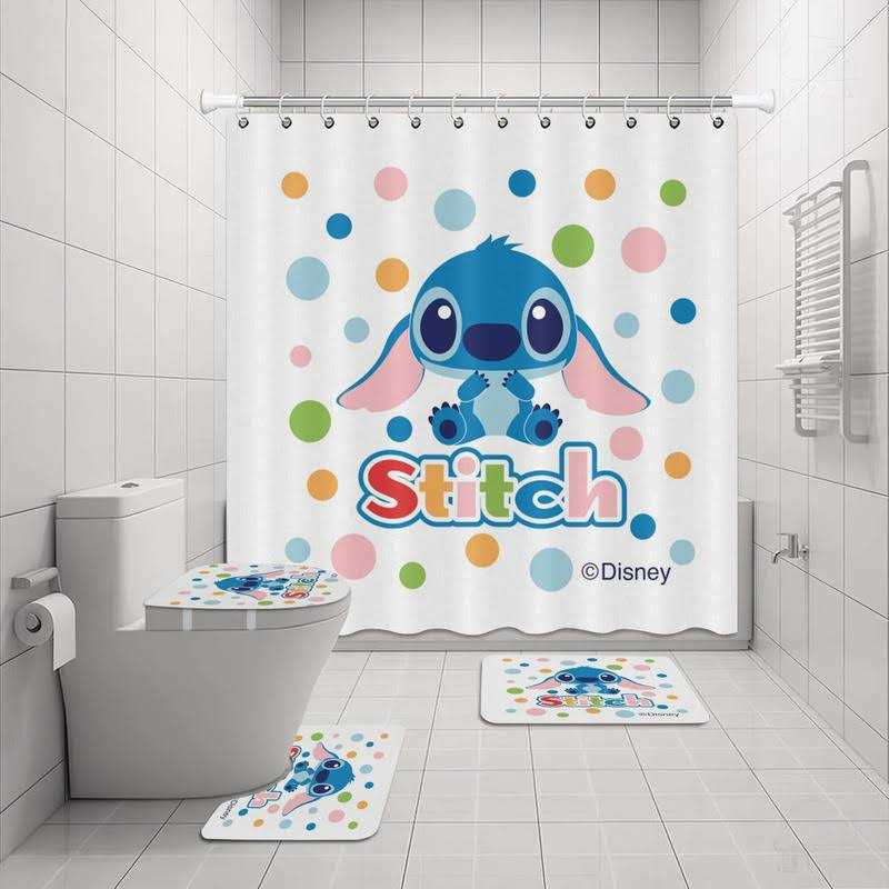 Upgrade Your Bathroom with a 4 Piece Stitch Shower Curtain Set Including Non-Slip Rug, Toilet Lid Cover, Bath Mat, and 12 Hooks - Image 2