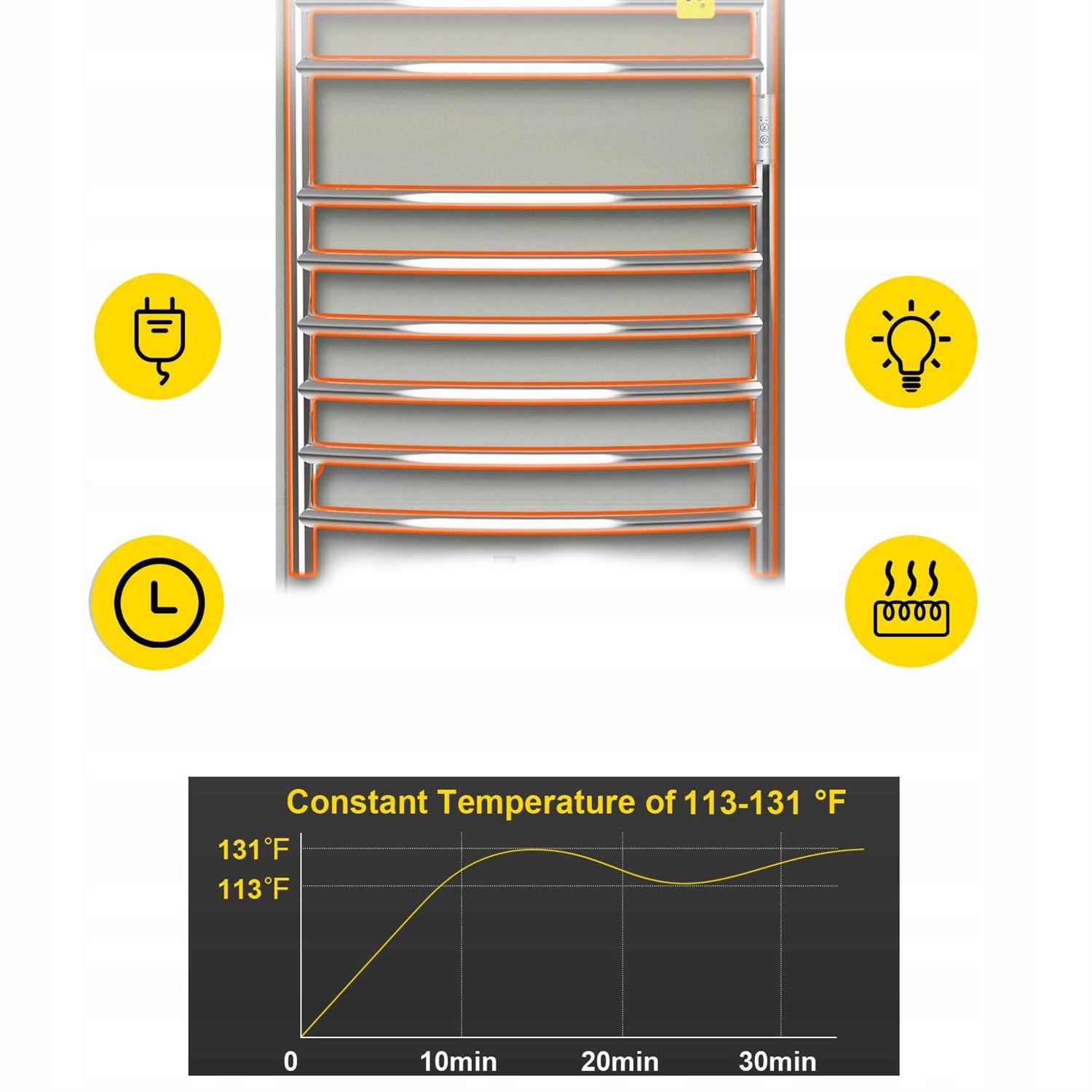 Vevor Heated Towel Rack 10 Bars Curved Design Stainless Steel Electric Towel Warmer with Built-in Timer - Image 2